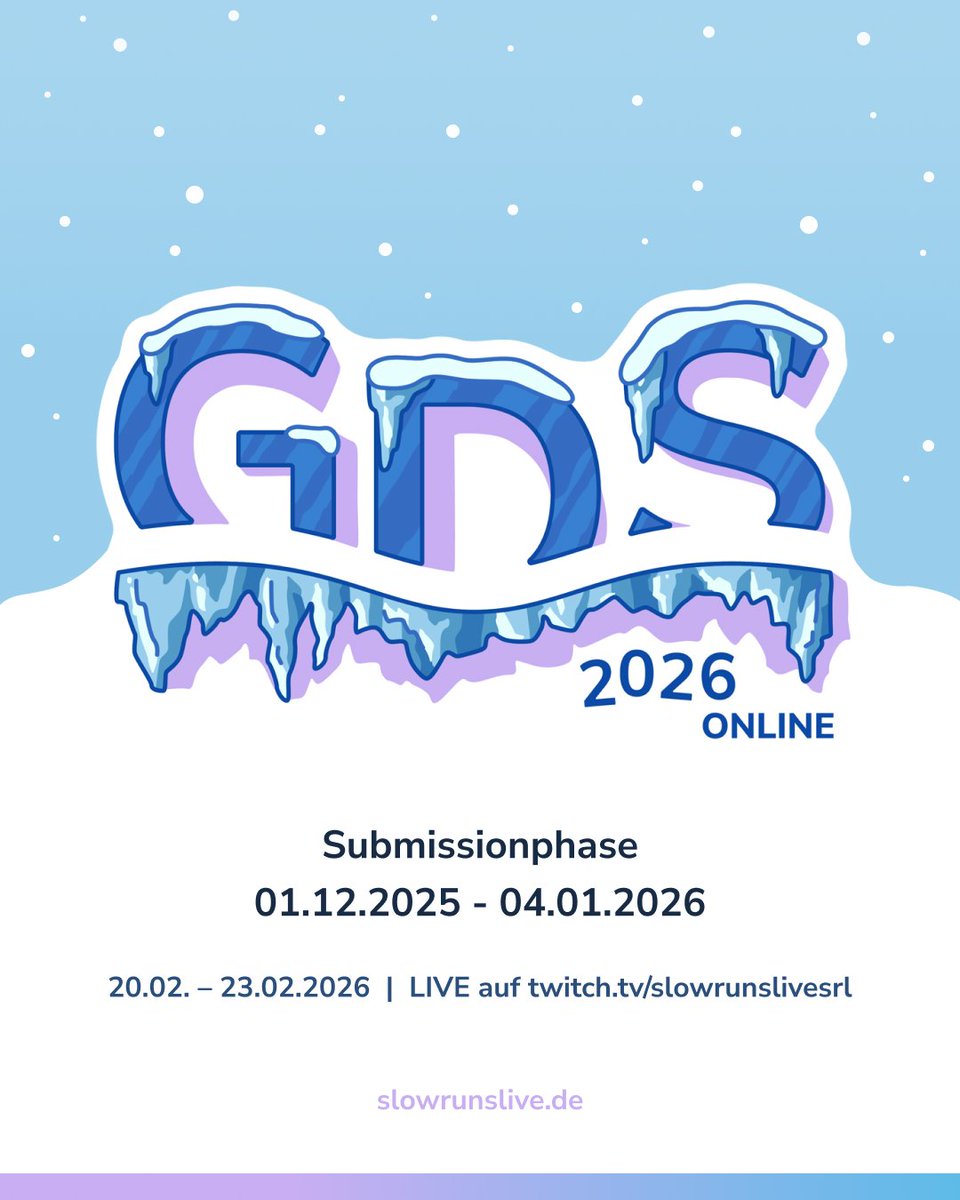 SlowRunsLive's tweet image. Das Warten hat ein Ende! Ab sofort könnt ihr EURE Speedruns (oder Showcases etc) für #GDSO2026 einreichen! Was immer euch einfällt, schlagt es uns vor. Es gibt keine schlechten Ideen! Sammelt gemeinsam mit uns im Februar wieder Spenden für den guten Zweck. slowrunslive.de/gdso2026