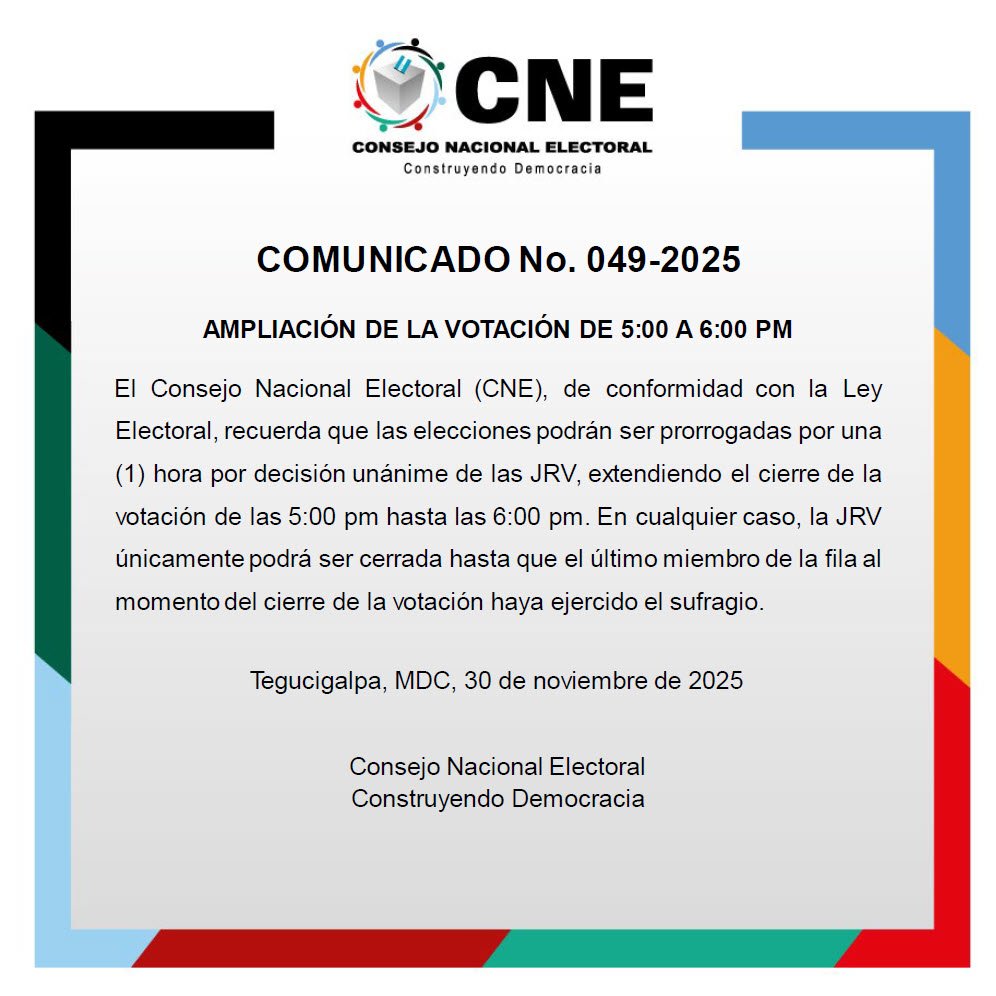 🇭🇳#HONDURAS ELIGE | Extienden hasta las 6 p.m., hora local, las votaciones.  5 candidatos se disputan la silla presidencial. 6 millones de personas fueron convocadas a votar en estas elecciones reñidas y marcadas por las amenazas del presidente de Estados Unidos, Donald Trump.