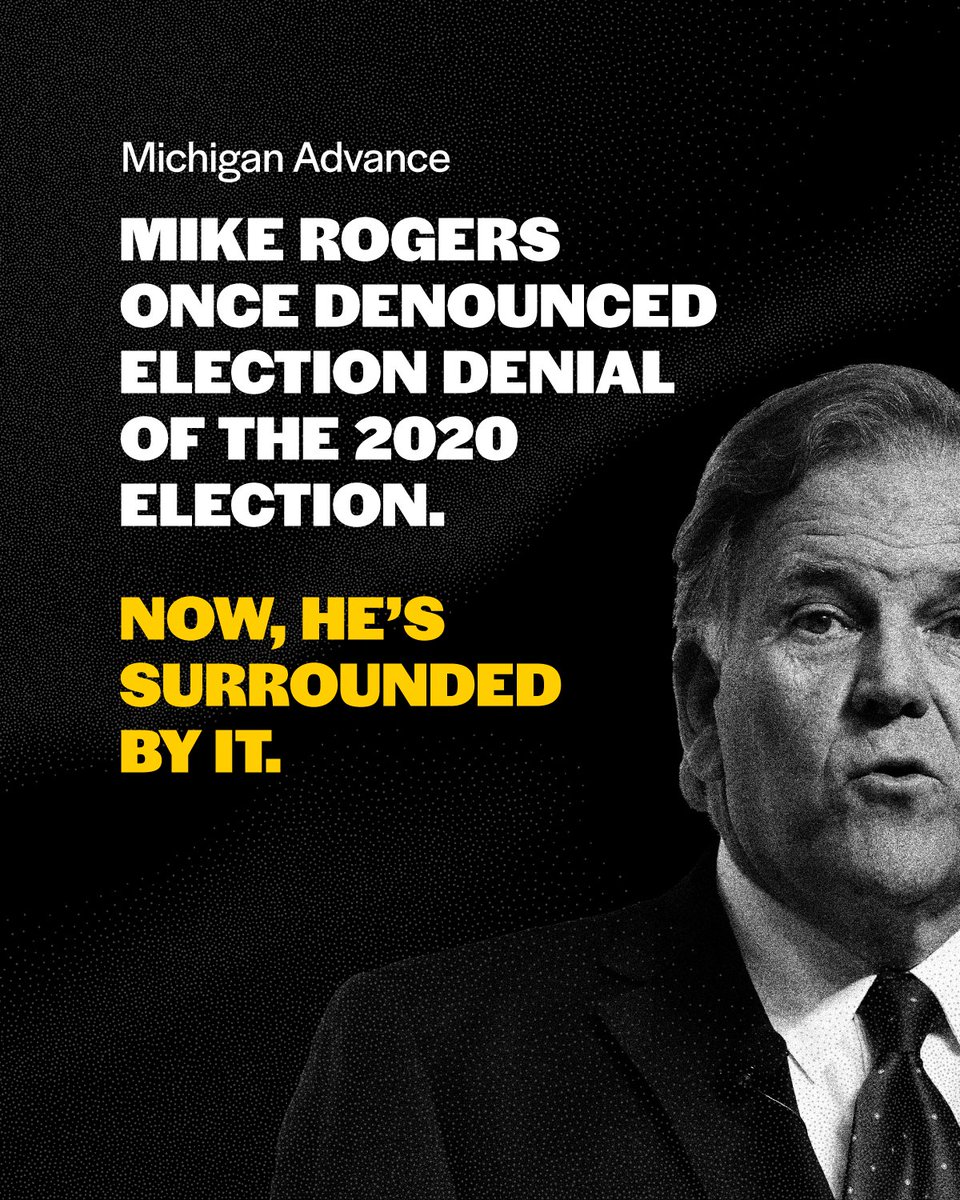 dscc's tweet image. Mike Rogers is peddling the same baseless election denial conspiracy theories he once denounced.