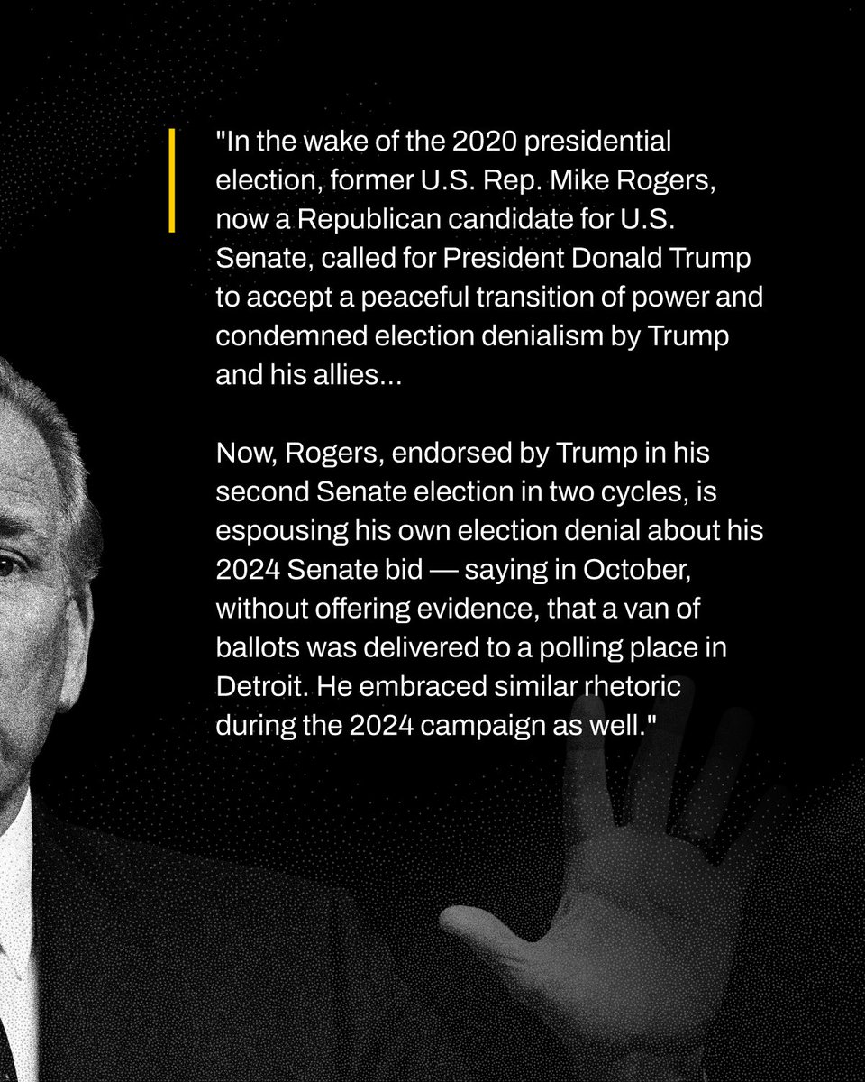 dscc's tweet image. Mike Rogers is peddling the same baseless election denial conspiracy theories he once denounced.