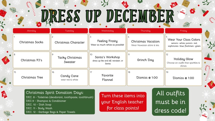 FairviewHighAL's tweet image. It's beginning to look a lot like Christmas! Dress Up all December! 💚❤️🎄