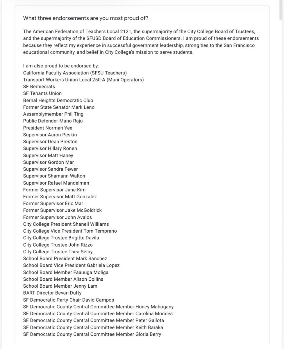 Here are some of Wong’s answers in the LPOV 2020 questionnaire. Not moderate — at least not based on who he voted for and endorsed or who endorsed him (Mar, Fewer, Preston, Peskin, Ronen, SF Berniecrats, Alison Collins). He wanted to cut police $ by 25% and endorsed Dean Preston.