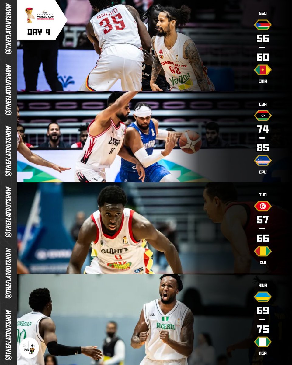 Results from the final day of <a href="/FIBAWC/">FIBA Basketball World Cup 🏆</a> African Qualifiers' first window. 

This is how the teams finish.
Guinea: 3W - 0L
Cameroun:  2W - 1L
Cape Verde: 2W - 1L
Tunisia: 2W - 1L
South Sudan: 2W - 1L
Nigeria: 1W - 2L
Libya: 0W - 3L
Rwanda: 0W - 3L

See you in February 💯