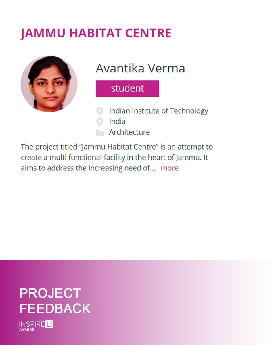 AmazingArchi's tweet image. 📚INSPIRELI EDUCATION JURY FEEDBACK

Read more: inspirelieducation.com/en/detail/6850/

• Advisor: Khulukani Bila
• Student: Avantika Verma
• Project: JAMMU HABITAT CENTRE

#architecture
#inspireliawards
#amazingarchitecture

#architecturestudent #architecturestudents
