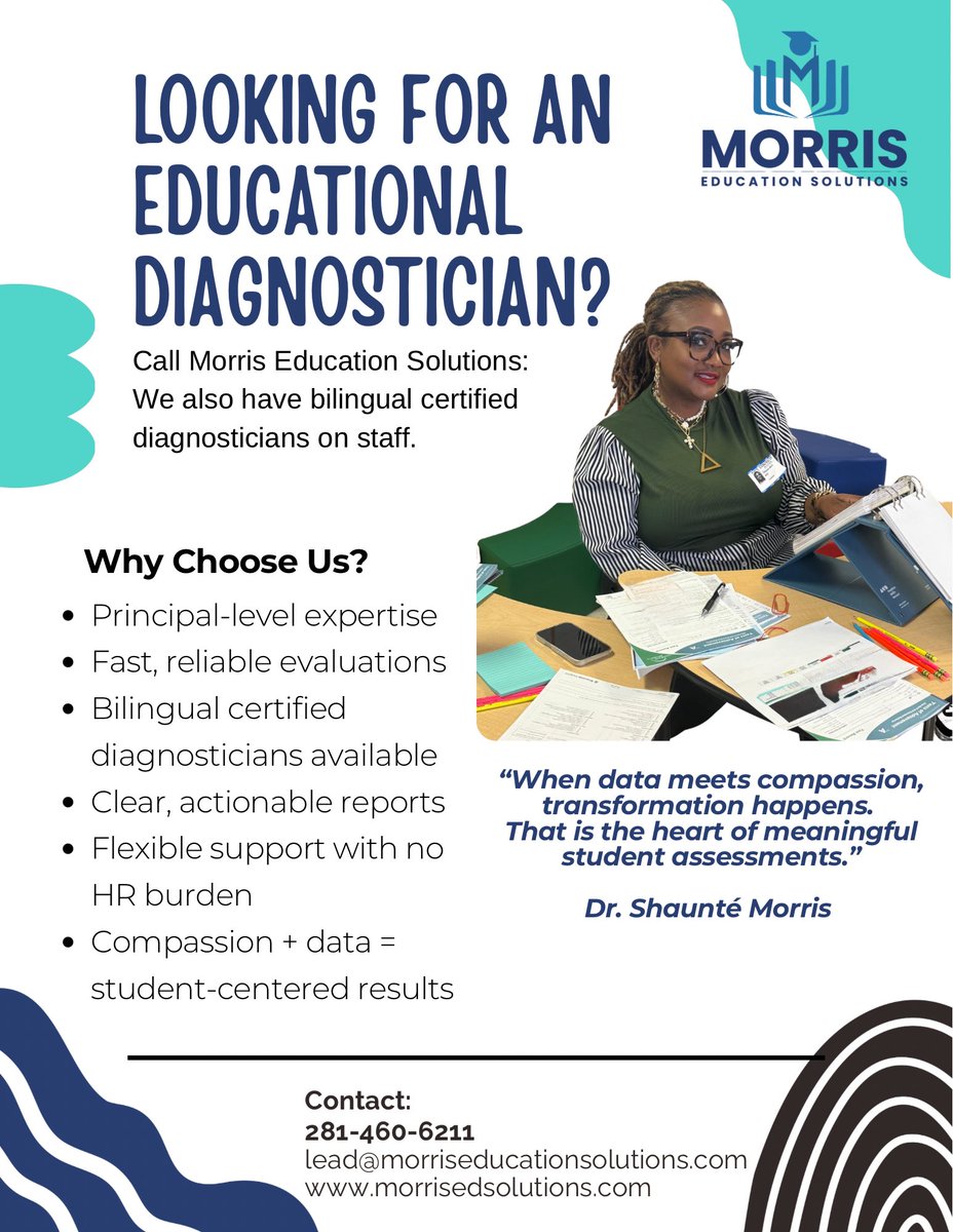 MorrisEducates's tweet image. Looking for an Educational Diagnostician?
We offer fast, reliable, student-centered evaluations — including bilingual services.
#SPED #TexasEd #EducationalDiagnostician