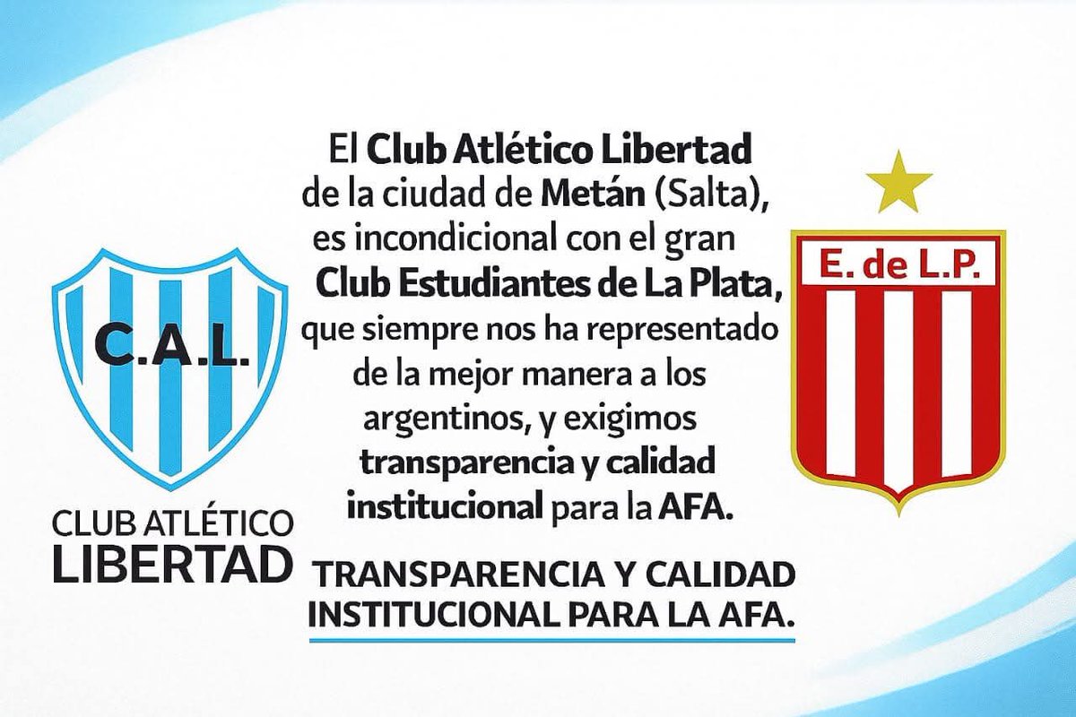 PasionUNO's tweet photo. 🫱🏼‍🫲🏻🦁 #EDLP El curioso club de salta que apoya a Estudiantes en contra de la AFA.

Se trata de Club Atlético Libertad equipo de la ciudad de Metán de salta, que se encuentra en la Liga Metanense de futbol. https://t.co/0g8S2YqI7v