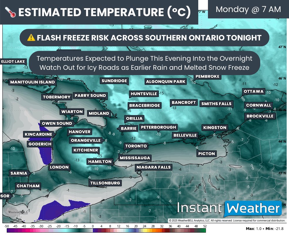 IWeatherON's tweet image. #ONStorm #ONwx ⚠️ Flash Freeze Risk Tonight 🧊

If you’re heading out on the roads tonight, please take it slow as icy conditions are expected to develop once temperatures plunge well below freezing over the next few hours.

Many areas climbed above freezing today, which softened