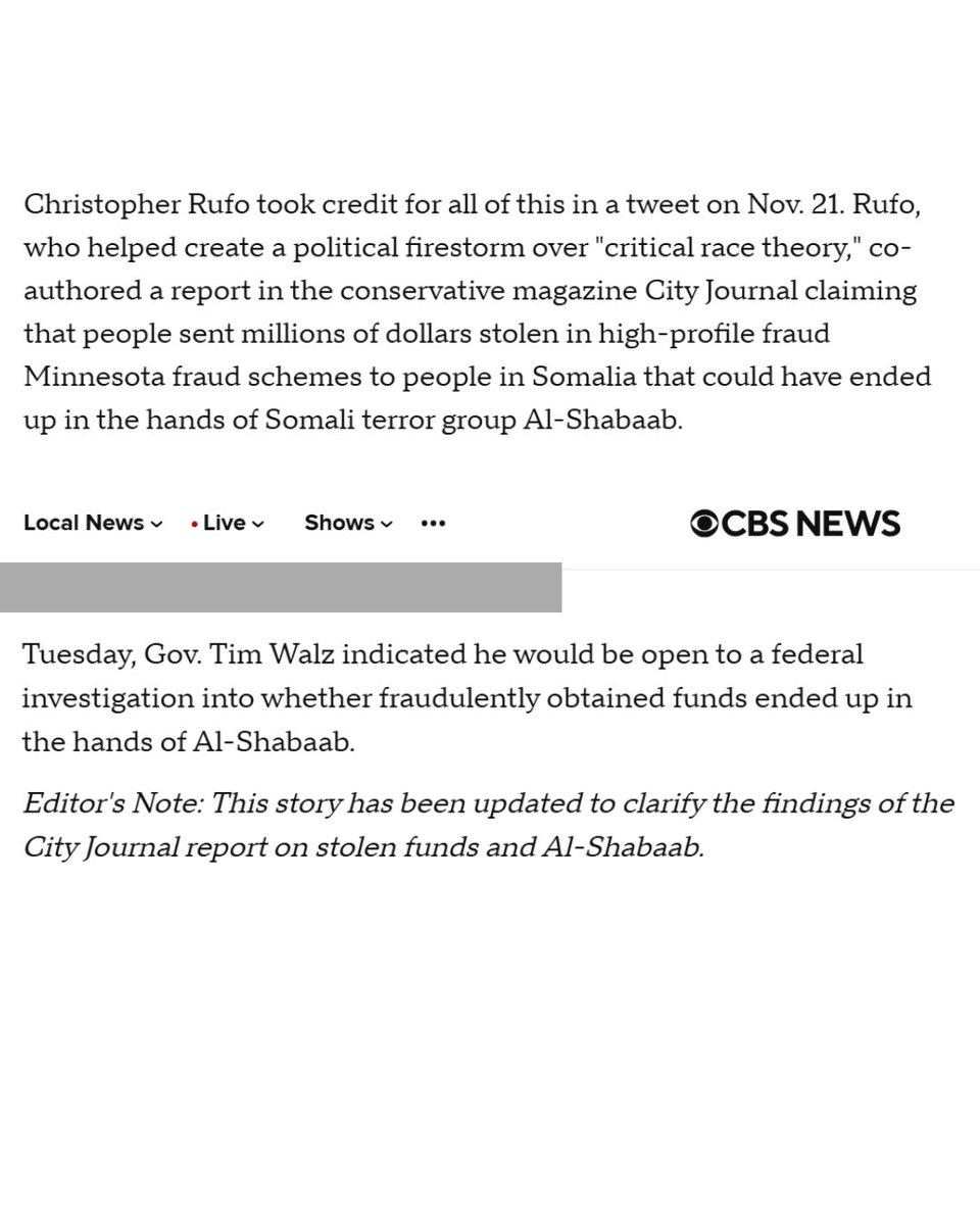 christopherrufo's tweet image. WINNING: CBS News has retracted its false and malicious claims about our reporting on the Somali fraud-to-terrorism pipeline, even admitting that Dem Gov. Tim Walz is open to an investigation.

Thank you, @bariweiss, for bringing back some accountability to network news.
