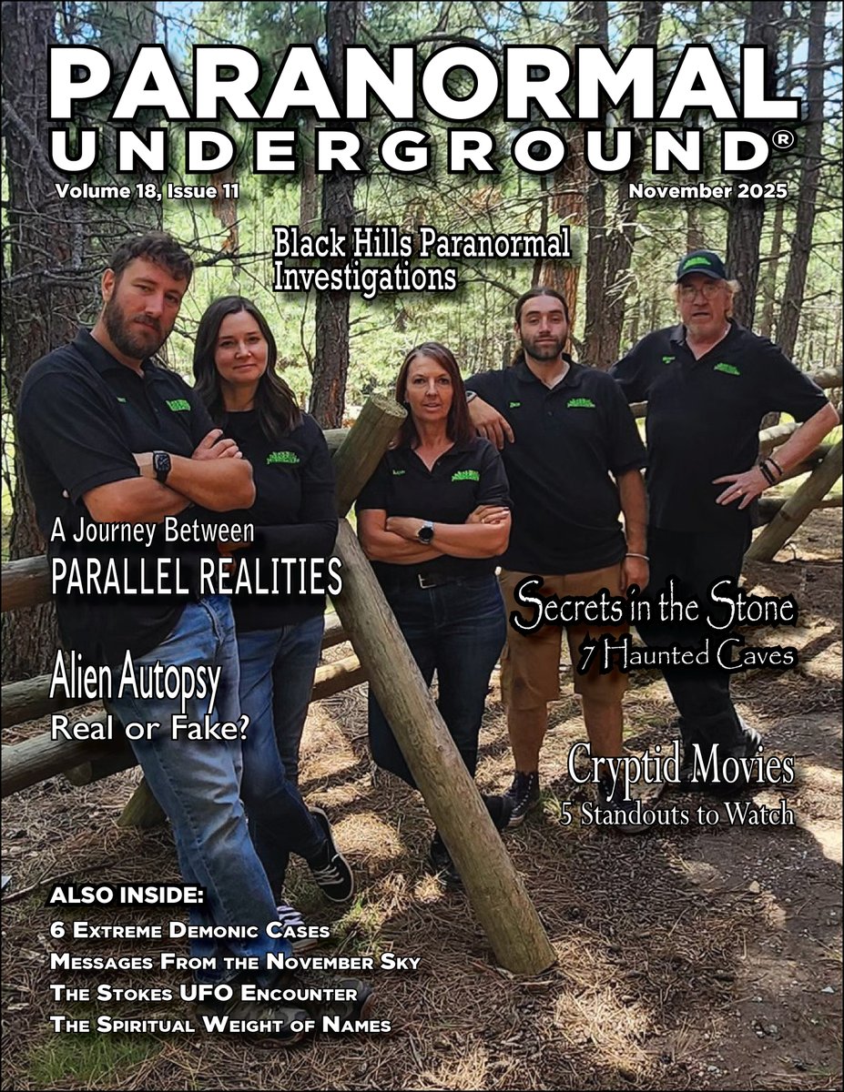 ParanormalUG's tweet photo. The latest Paranormal Underground magazine issue is available now for FREE at https://t.co/0CtNZ8oUgq. It’s packed with new stories, case files, and firsthand encounters. This month, we spotlight the Black Hills Paranormal Investigations Team, explore a seeker’s path into the unexplained, and dive into a new book on fairies, spirits, and otherworldly encounters.

Our “Case Files of the Unknown” section features 7 haunted caves, the notorious “Alien Autopsy” film, and 5 cryptid movies. You’ll also find a firsthand brush with parallel realities, six intense demonic cases, the 1957 Stokes UFO encounter, and a look at the spiritual weight our names carry. And more!

Plus, don’t miss our newest podcast episodes:
--Paranormal Underground Radio: Real Ghosts in the Machine
--Mindful Mystics Podcast: Messages From Beyond – Spirit Guides and Angels Explained