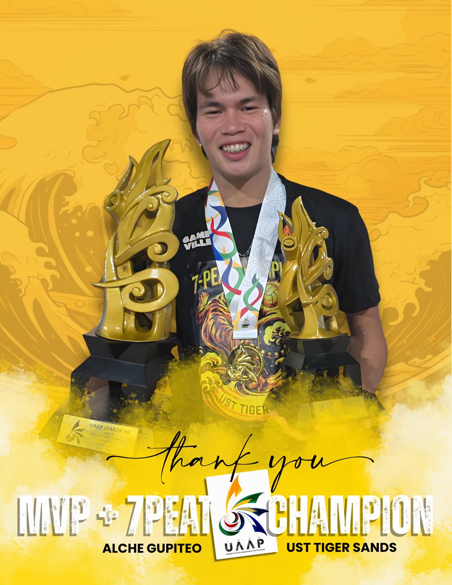 officialUSTMVT's tweet image. A perfect ending to a legendary Sands run ✨

Alche Gupiteo just delivered his ultimate swan song on the UAAP sands. He’s not just walking away with the Championship trophy (keeping our dynasty alive!), but he’s taking the MVP title with him too.
Thank you for choosing UST. 💛