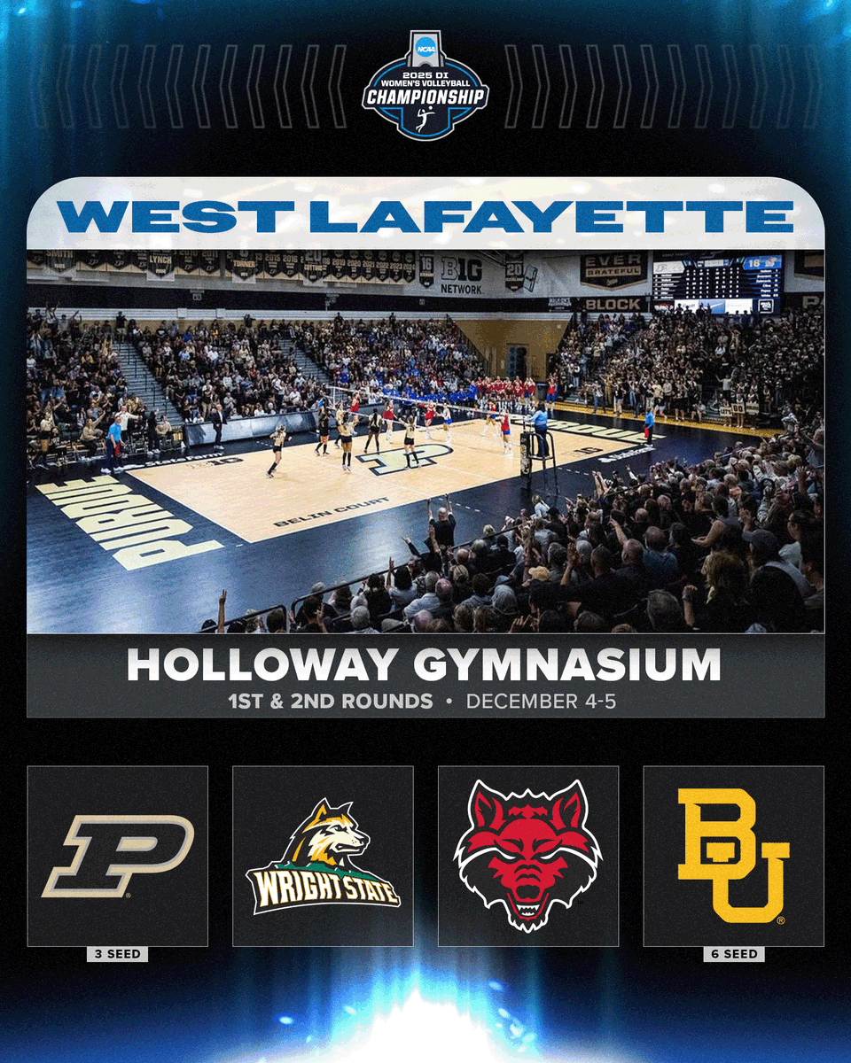 𝟏𝐬𝐭 &amp; 𝟐𝐧𝐝 𝐑𝐨𝐮𝐧𝐝𝐬
📍 West Lafayette, IN
📅 Dec. 4-5

(3) <a href="/PurdueVB/">Purdue Volleyball</a>
🆚
<a href="/WSUVball/">Wright State Volleyball</a>

<a href="/AStateVB/">Arkansas State Volleyball 🏐</a>
🆚
(6) <a href="/BaylorVBall/">Baylor Volleyball</a>

#NCAAWVB