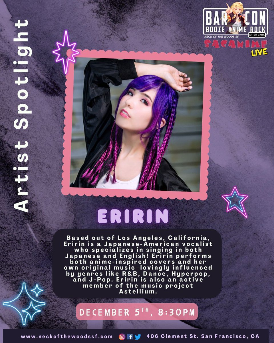 Just 𝟓 𝐝𝐚𝐲𝐬 to go until December BAR Con 🎉
Join us 𝐭𝐡𝐢𝐬 𝐅𝐫𝐢𝐝𝐚𝐲 for music, anime &amp; drinks 🍻🎶

⭐ Artist Spotlight: Eririn ⭐

🎟️ $12 Pre-Sale | 💵 $15 door
👉 Tickets: buff.ly/aF9VeBW 

See you there! 👀🎶