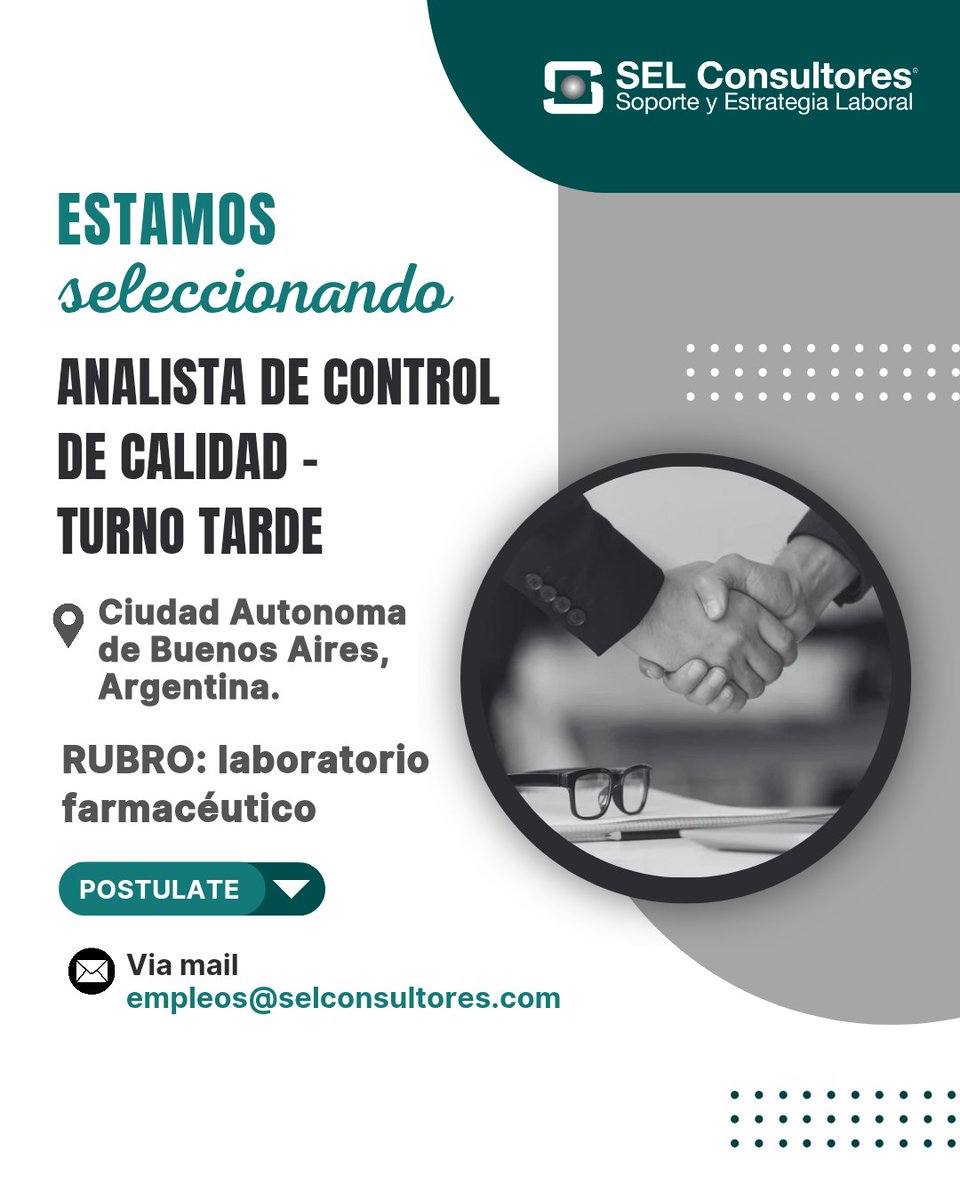 𝗔𝗡𝗔𝗟𝗜𝗦𝗧𝗔 𝗗𝗘 𝗖𝗢𝗡𝗧𝗥𝗢𝗟 𝗗𝗘 𝗖𝗔𝗟𝗜𝗗𝗔𝗗 - 𝗧𝗨𝗥𝗡𝗢 𝗧𝗔𝗥𝗗𝗘

➡️ Postulate via mail a empleos@selconsultores.com (REF: ANALISTA DE CONTROL DE CALIDAD - TURNO TARDE)

😊 Les agradecemos la difusión  

Equipo de SEL Consultores - Soporte y Estrategia Laboral