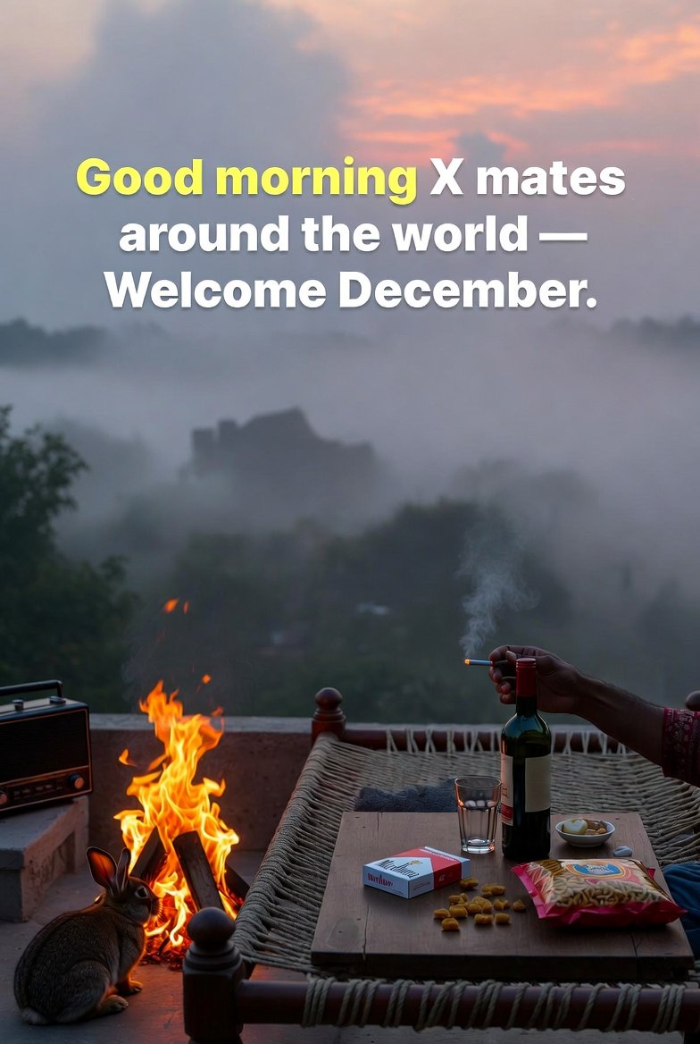 Good morning X mates around the world.

Welcome, December

Where cold air meets quiet moments, cigarettes and wine.

👐