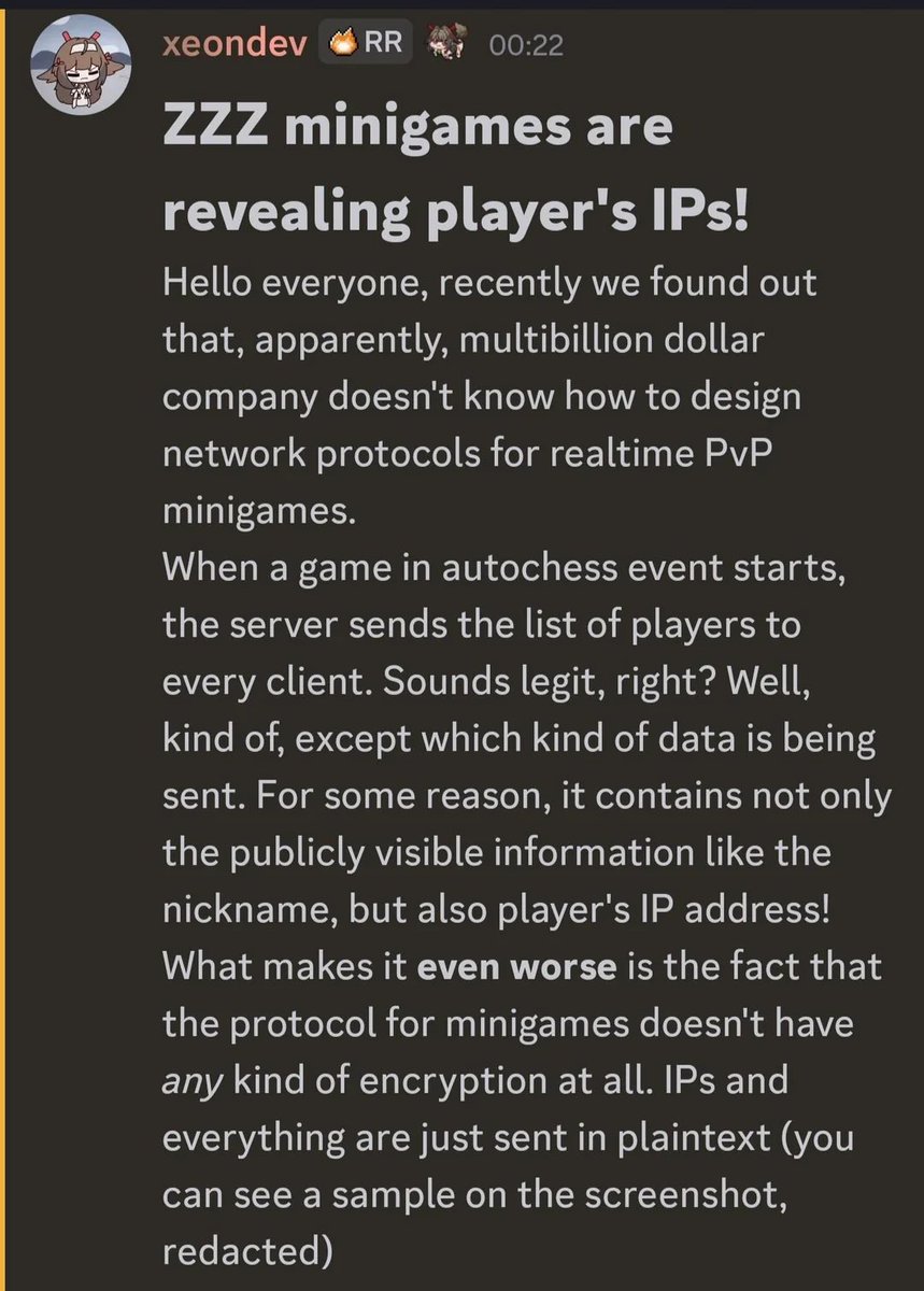 zenlesszoneleak's tweet image. ZZZ mini-games are revealing player’s IP addresses. To the HoyoVerse/ZZZ employees that occasionally look at this account, please change this. This is quite dangerous to the player. 

Thanks to Reversed Rooms for letting everyone know of this.