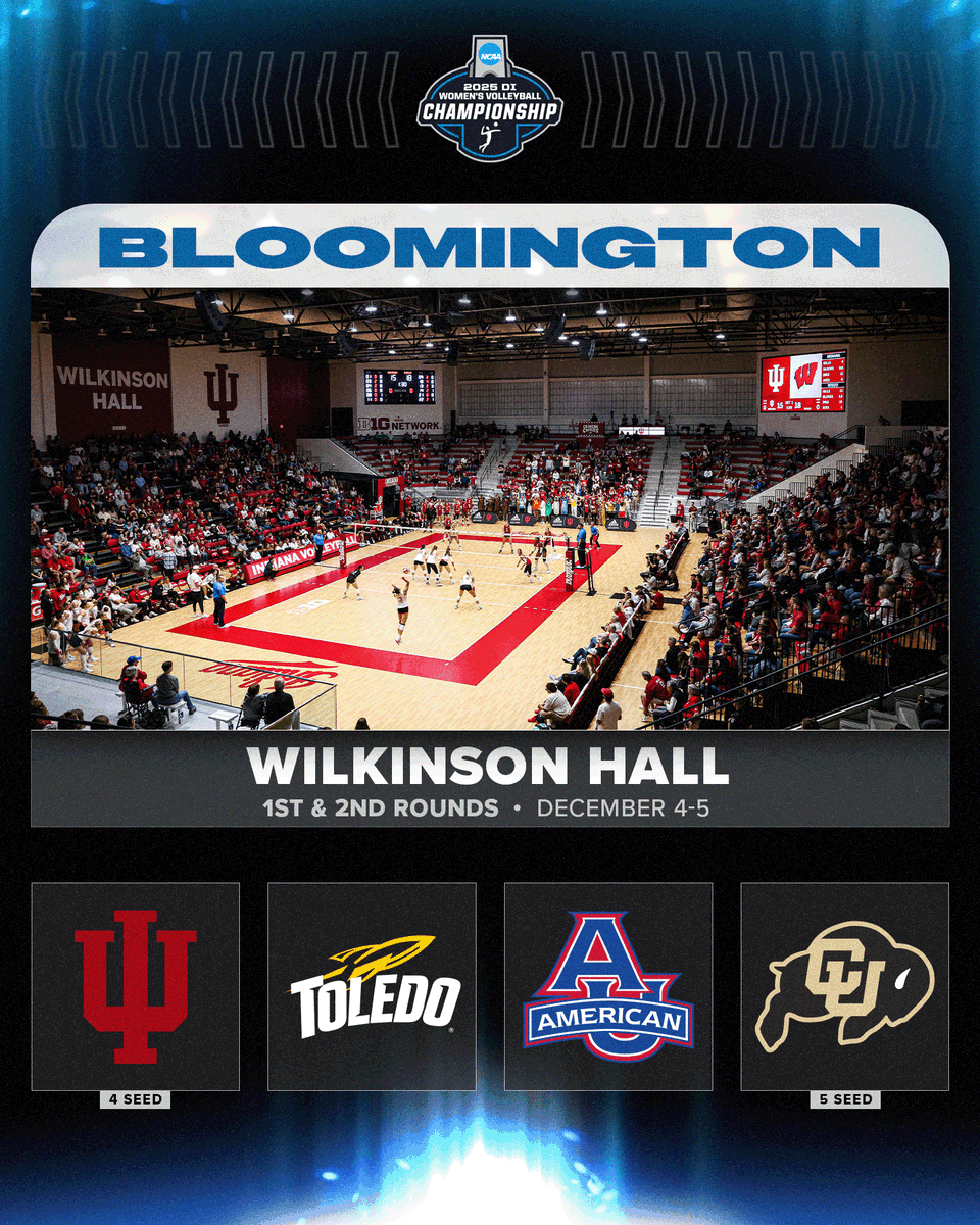 𝟏𝐬𝐭 &amp; 𝟐𝐧𝐝 𝐑𝐨𝐮𝐧𝐝𝐬
📍 Bloomington, IN
📅 Dec. 4-5

(4) <a href="/IndianaVB/">Indiana Volleyball</a>
🆚
<a href="/Toledo_VB/">Toledo Volleyball</a> 

<a href="/AU_Volleyball/">AU Volleyball</a>
🆚
(5) <a href="/CUBuffsVB/">Colorado Buffaloes Volleyball</a>

#NCAAWVB