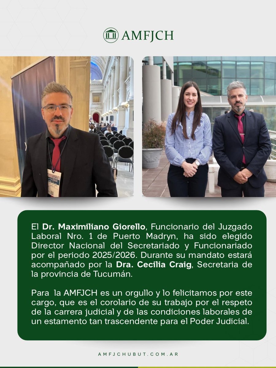 El Dr. Maximiliano Giorello, del Juzgado Laboral N.° 1 de Puerto Madryn, fue elegido Director Nacional del Secretariado y Funcionariado para el período 2025/2026, acompañado por la Dra. Cecilia Craig.