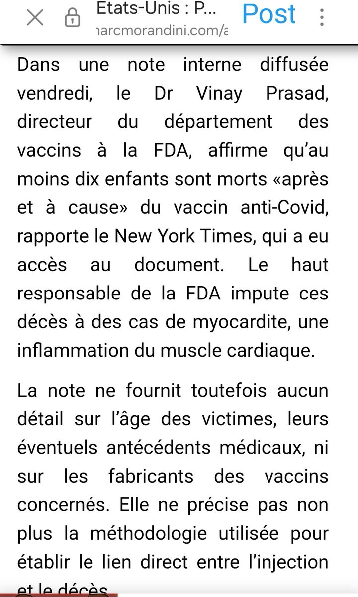 Il faut 5 ans pour que les décès d'enfants dûs à des myocardites causées par les vaccins covid sortent dans la presse chez <a href="/morandiniblog/">Jean Marc Morandini</a>
J'ai alerté dès juillet 2021...
Mieux vaut tard que jamais.
Quand puis-je parler des décès d'enfants dûs aux vaccins pédiatriques (par les