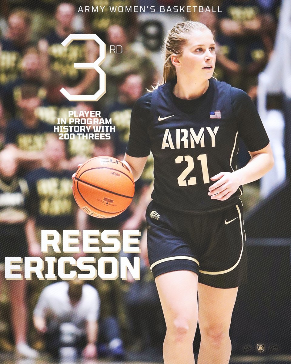 ArmyWP_WBB's tweet photo. Climbing the record books‼️

Reese Ericson is just the third player in program history to reach 200 career threes! 

#GoArmy | #SetTheTone https://t.co/5iBK2XsJr1
