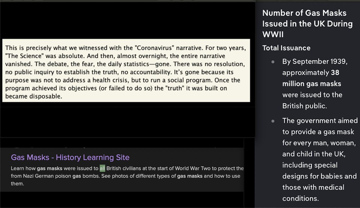 generatedsimage's tweet image. Who received a letter in the post from whatever government that a pandemic was happening?

Who received nutrition information?

Who received a Gas Mask ?

If Gas Masks were a prop of Fear in 1939, think how comical the role of the PPE mask was in 2020.