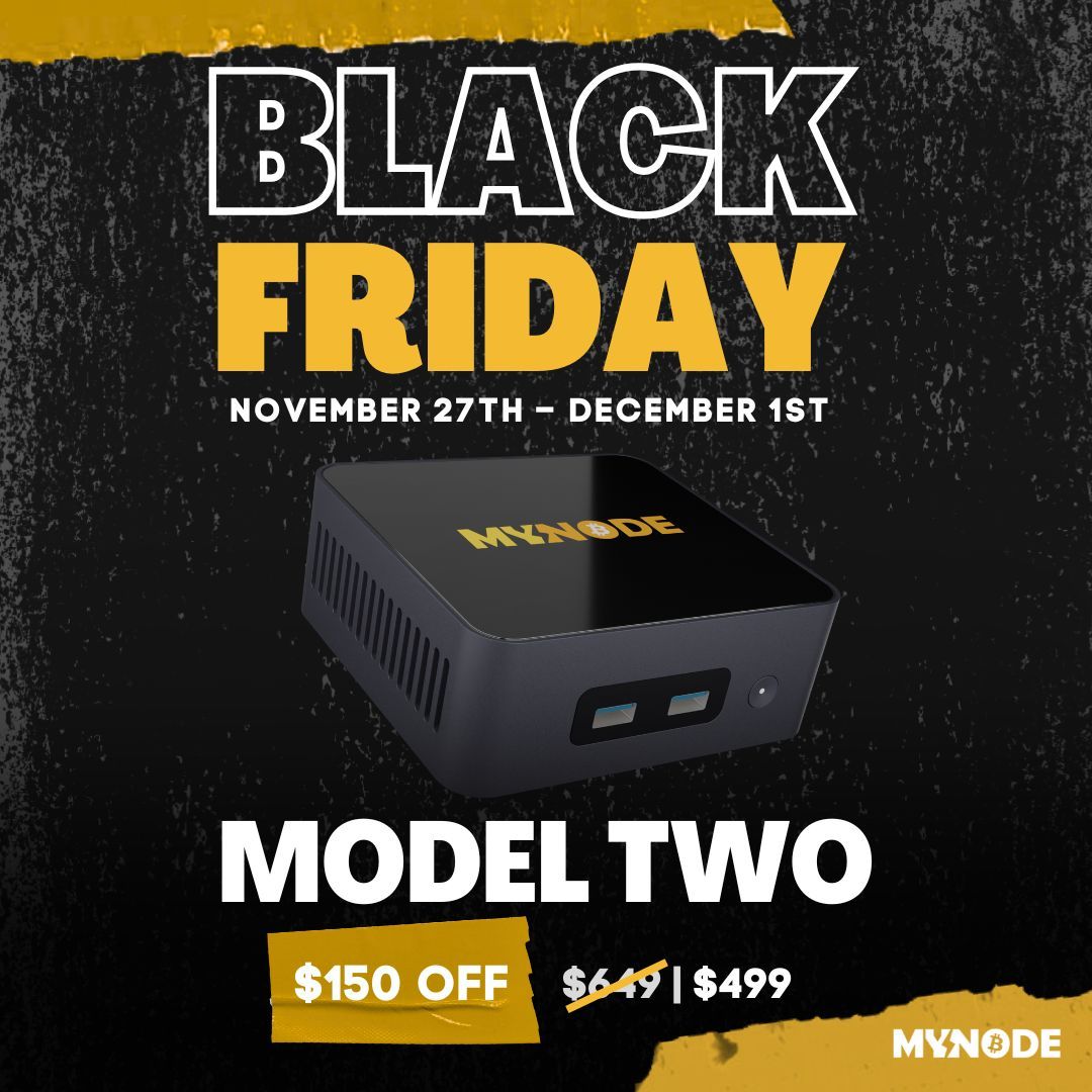mynodebtc's tweet image. Tomorrow is the final day of our Black Friday sale. Get the tools that make Bitcoin yours.

Model Two → mynodebtc.com/order/two

Premium → mynodebtc.com/order/premium