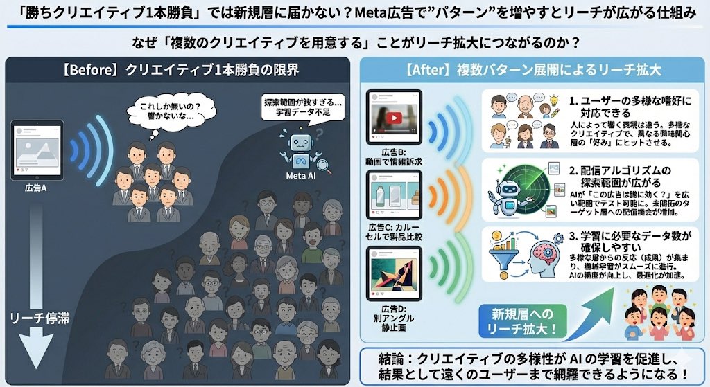 Anagrams_inc's tweet photo. 勝ちパターン1本じゃ届かない？Meta広告で「クリエイティブ量産」が最強のリーチ戦略になる理由

https://t.co/nB5kBFwazh

「やっと当たったこのクリエイティブ、これ一本で回し続けよう！」そう思っていませんか？

実は、それが新規顧客へ��リーチを停滞させる原因かもしれません。

Meta広告で持続的に成果を出し、リーチを拡大し続けるための鍵は、「クリエイティブの多様性（パターン）」にあります。

なぜ「1本勝負」では限界が来るのか？
なぜ「パターンを増やす」ことがAIの学習を加速させるのか？

そのメカニズムを分かりやすく解説します。

なぜ「複数のクリエイティブ」がリーチ拡大に不可欠なのか？

図の右側をご覧ください。クリエイティブのパターンを増やすことで、以下の3つのメリットが生まれます。

1. ユーザーの多様な嗜好に対応できる
人はそれぞれ「響くポイント」が違います。
動画で情緒的に訴えかけられたい人、静止画でスペックを比較したい人…。多様なクリエイティブを用意することで、異なる興味関心層の「好み」にヒットさせることができ���す。

2. 配信アルゴリズムの探索範囲が広がる
MetaのAIは優秀ですが、与えられた材料（クリエイティブ）の中でしか最適化できません。

異なる切り口のクリエイティブを用意することで、AIが「この広告は、今までアプローチできていなかったこの層に効くのでは？」と、探索できる範囲（未開拓のターゲット層）がぐっと広がります。

3. 学習に必要なデータ数が確保しやすい
多様な層にアプローチし、様々なポジティブな反応（成果）が集まることで、機械学習がスムーズに進みます。結果としてAIの精度が向上し、広告配信の最適化が加速します。

✅ クリエイティブのパターンを広げる「4つの切り口」と「3ステップ」

闇雲に量産すれば良いわけではありません。戦略的にパターンを広げましょう。

【4つの切り口】
1️⃣ オーディエンス（誰に？）
2️⃣ ニーズ（どんな悩みに？）
3️⃣ 表現（ど���な見せ方で？実写、イラスト、UGC風など）
4️⃣ フォーマット（動画、静止画、カルーセルなど）

【作成の3ステップ】
Step 1：ターゲットの「ペルソナ」と「検討段階（認知、比較、購入直前など）」を整理する
Step 2：ペルソナ別の「インサイト（隠れた本音）」を洗い出す
Step 3：インサイトに対応した複数パターンのクリエイティブを設計する

⚠️パターンを増やす際の注意点
 * 一度に大量に配信しすぎない: AIの学習が分散してしまいます。
 * 効果検証を前提に設計する: 「なぜ当たったか」「なぜ外れたか」が分かるように、変数を意識してクリエイティブを作成しましょう。

【まとめ】
AI時代の広告運用において、「クリエイティブの多様性」は最強の武器です。
1つの勝ちパターンに固執せず、戦略的にバリエーションを増やしていくことが、Meta AIの学習を促進し、結果として遠くにいる「まだ見ぬ新規顧客」まで網羅できることにつながります。

ぜひ、自社のアカウントでも実践してみてください！