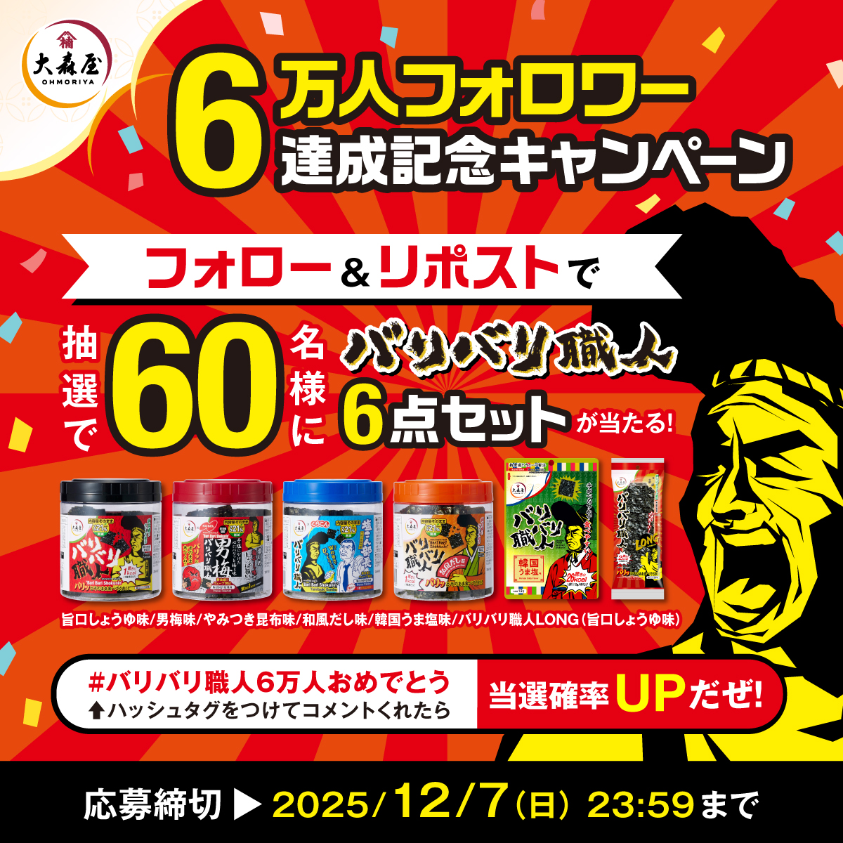 bari2shokunin's tweet image. ／
いつもバリバリ職人を
応援してくれてありがとう✨
＼

【祝】6万人フォロワー達成！！！
記念キャンペーンスタートだぜ！！

フォロー&amp;amp;リポストで応募すると
「バリバリ職人6点セット」を抽選でドドンと60名様にプレゼント！
みんなでバリバリできる最高のチャンスをお見逃しなく！…