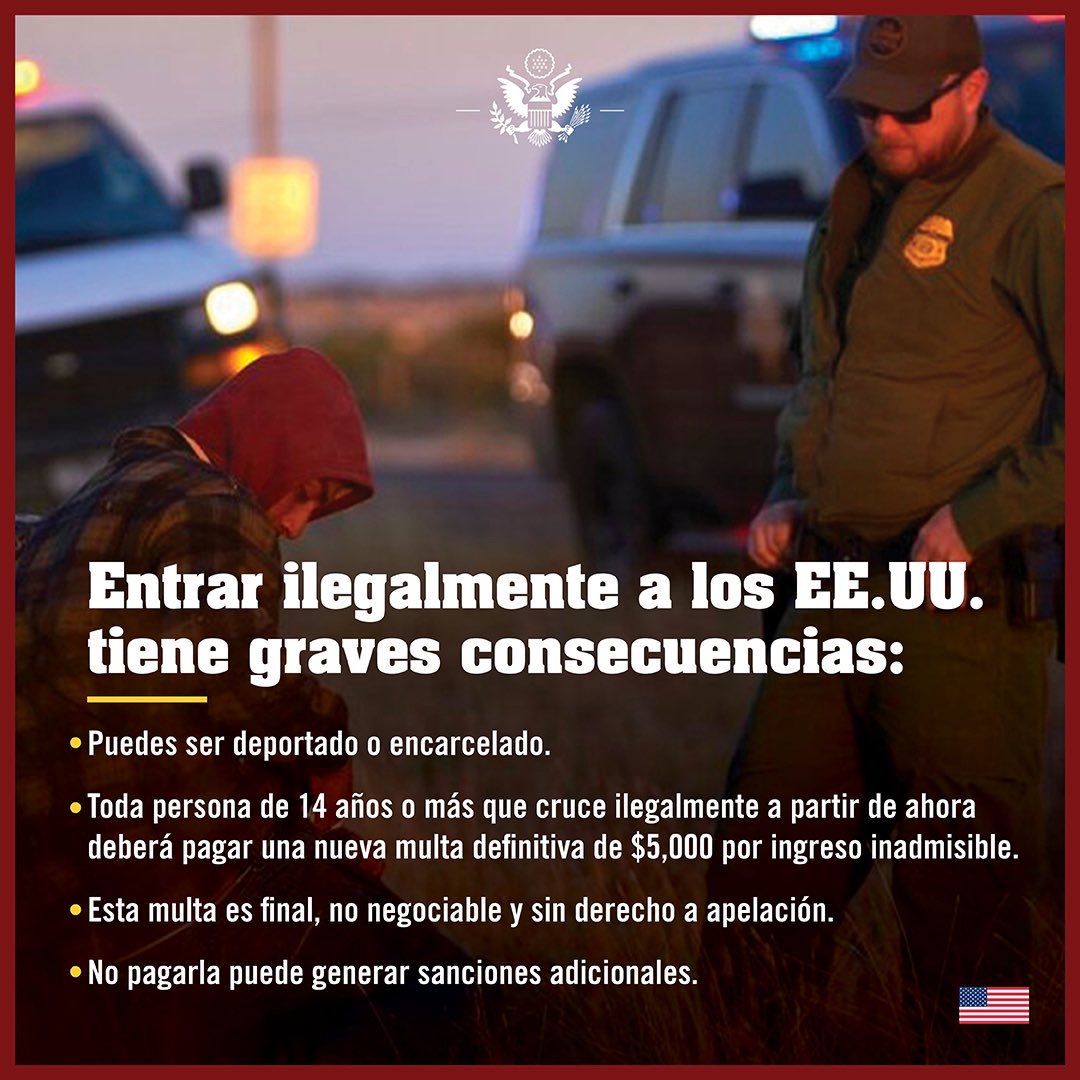 USEmbNicaragua's tweet photo. Entrar ilegalmente a los Estados Unidos tiene consecuencias graves. Entre estas, ahora, además de arriesgar tu vida, tienes que pagar una multa por ingreso inadmisible de $5,000 dólares.  
 
#NiLoIntentes  
#FronteraCerrada  
#NoTeArriesgues https://t.co/zr0nifY3NO