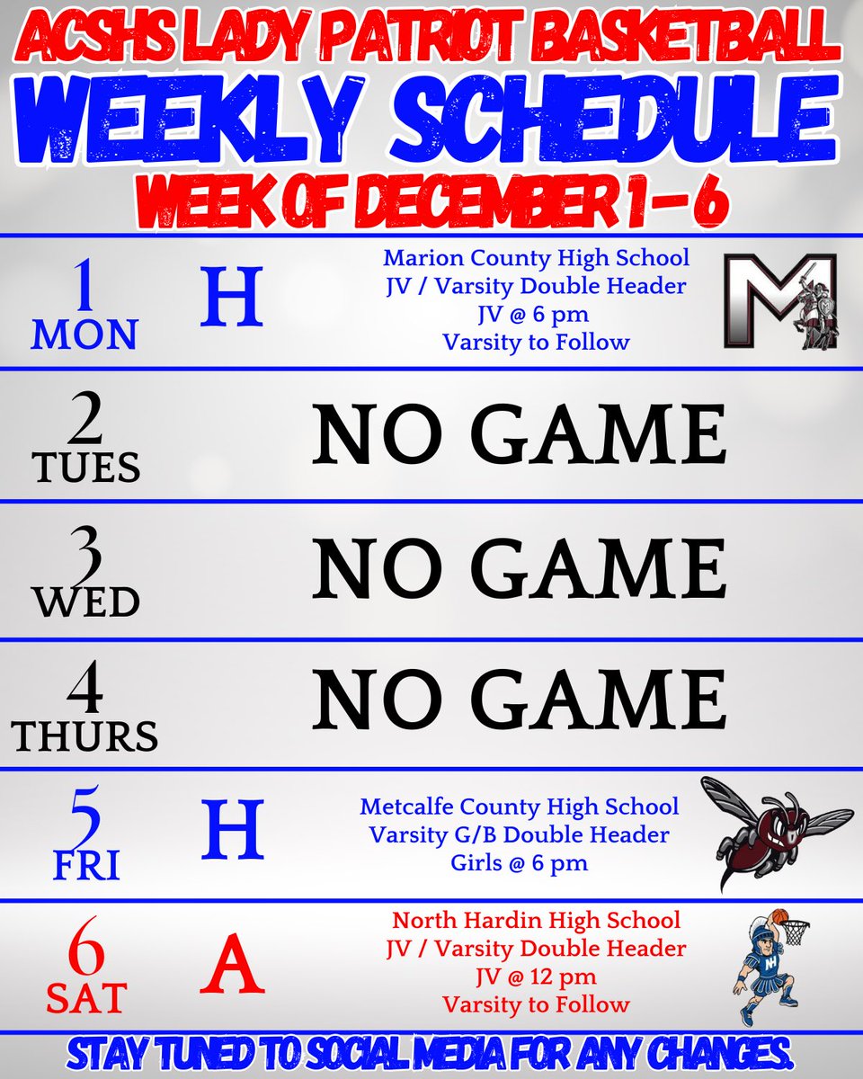 First Week of ACSHS Lady Patriot Basketball

Place stayed tuned to social media for any changes, additions, or cancellations. We will post as soon as we can.