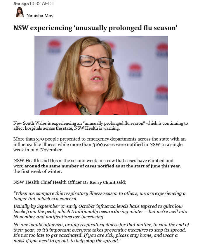 NSW experiencing ‘unusually prolonged flu season’

NSW Health CHO Dr Kerry Chant said: "When we compare this respiratory illness season to others, we are experiencing a longer tail, which is a concern."

Source: theguardian.com/australia-news…