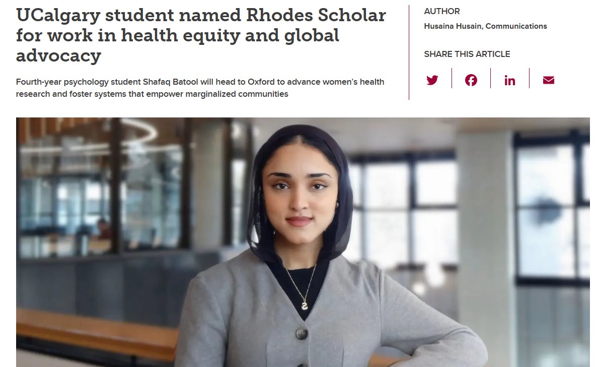 AmiraElghawaby's tweet image. 📣UCalgary student named Rhodes Scholar for work in health equity and global advocacy 🥳

“This win is not just mine. It is for the young students [...] I hope it signals to them that their lived experience can be the driver to their excellence.”

🔗news.ucalgary.ca/news/ucalgary-…