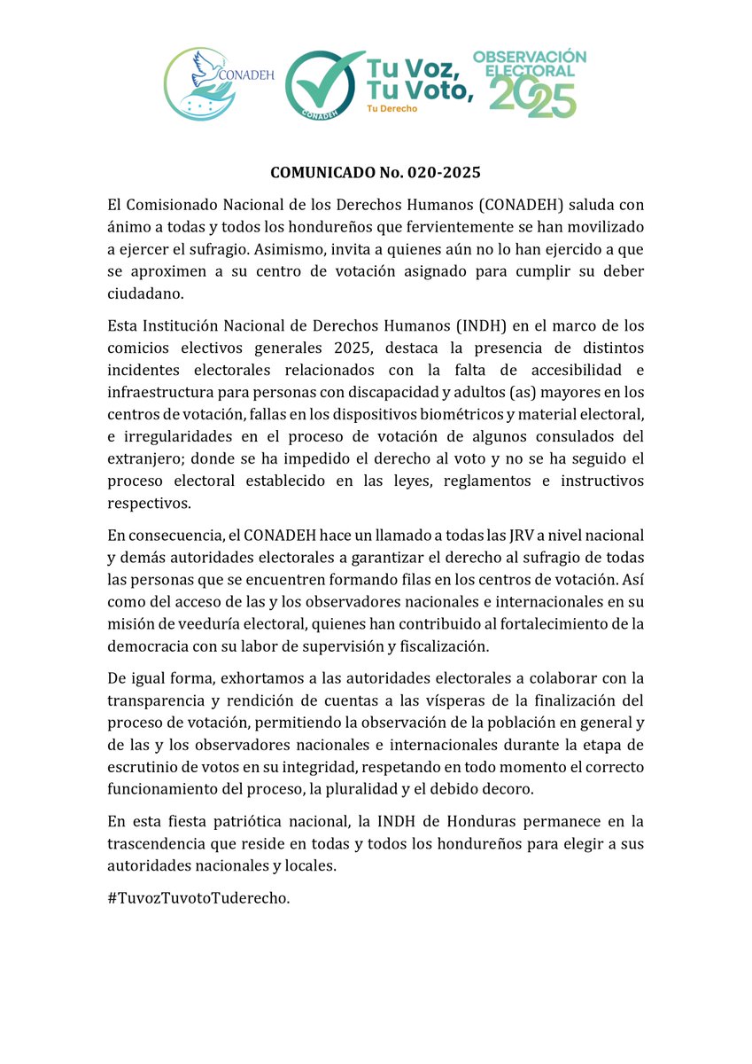 CONADEH's tweet image. 📌El #CONADEH se pronuncia sobre el desarrollo de las votaciones en la jornada vespertina previo a la fase escrutinio.

Ver comunicado aquí 👇
conadeh.hn/wp-content/upl…