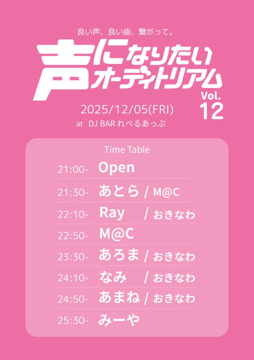 akym318's tweet image. 【#声オデ Vol.12】
12/5 (Fri) 21:00-
at れべるあっぷ(那覇市松山)
¥2,000(1D in)

沖縄で唯一の声優楽曲DJパーティ開催迫る！
良い声のジャンルレスな楽曲を浴びれる年に一度の現場開催！
今週金曜、遊びに来てね🪩