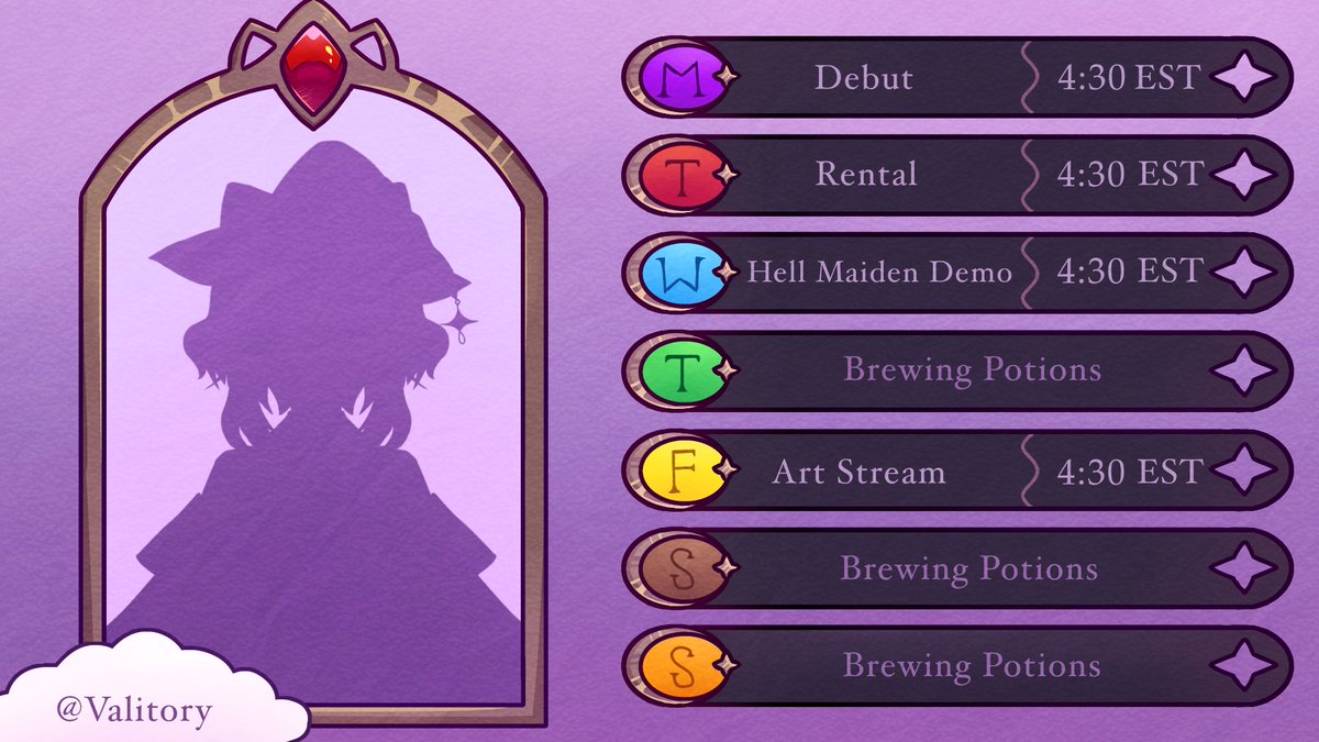 valitory's tweet image. This week’s schedule!!!!
Fanart: #Valsterpiece
Meme: #Memeitory
Oshi mark: 🔮✨