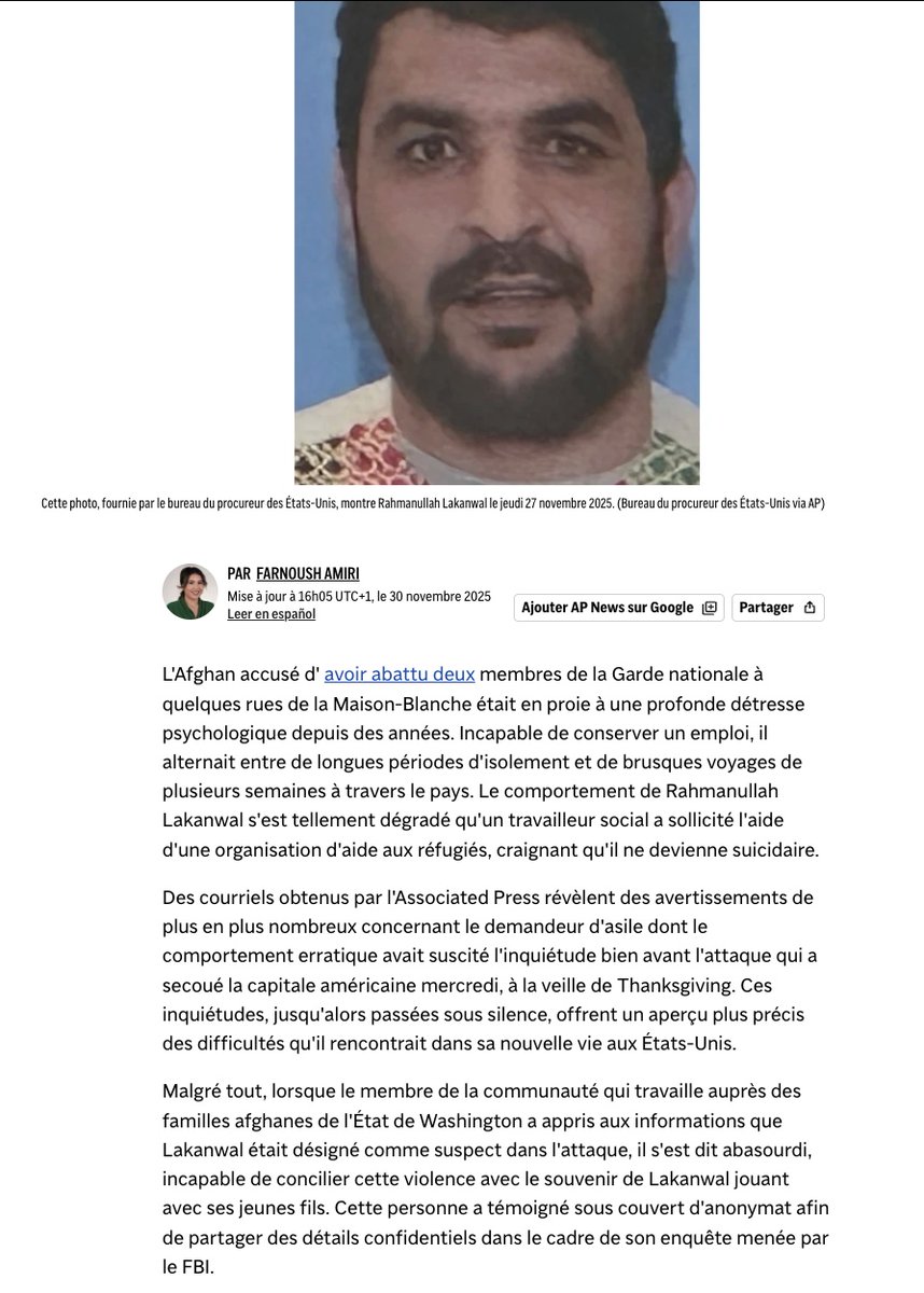 denisedetralala's tweet image. Selon des courriels récupérés par l’AP, des membres de la communauté avaient alerté à propos de l''Afghan accusé d' avoir abattu deux membres de la Garde nationale à #Washington. #Lakanwal manifestait une forte instabilité psychologique : isolation prolongée, épisodes de