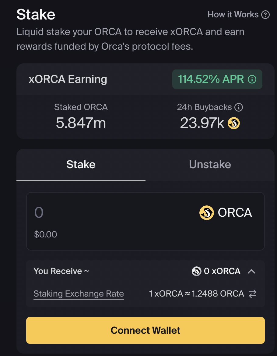 Orca xORCA 스테이킹 대시보드 — 114.52% APR, 스테이킹된 ORCA: 584.7만 개