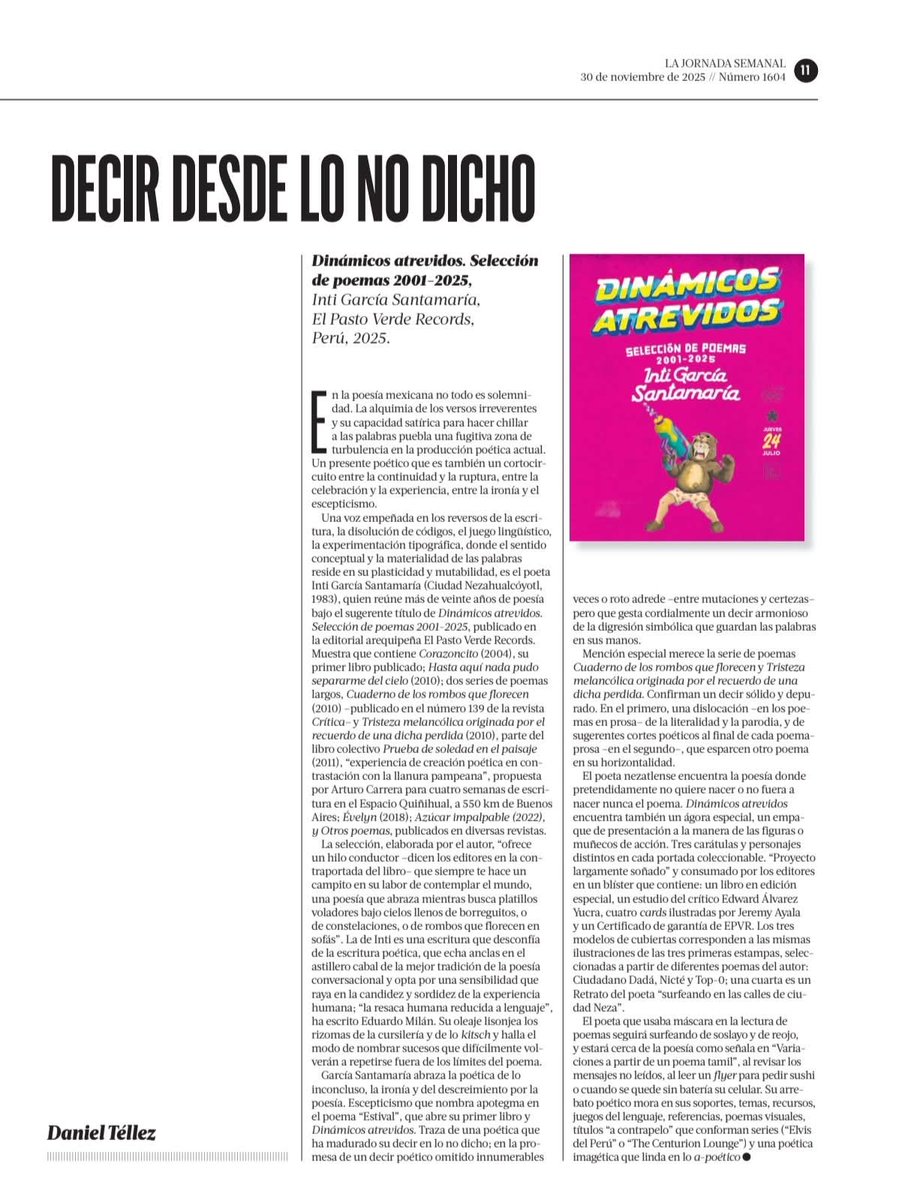 intigs's tweet image. Grata sorpresa. Apareció en 𝘓𝘢 𝘑𝘰𝘳𝘯𝘢𝘥𝘢 𝘚𝘦𝘮𝘢𝘯𝘢𝘭 una reseña de 𝘋𝘪𝘯á𝘮𝘪𝘤𝘰𝘴 𝘢𝘵𝘳𝘦𝘷𝘪𝘥𝘰𝘴. Muchas gracias a Daniel Téllez (@asiderosTellez).

semanal.jornada.com.mx/2025/11/30/dec…