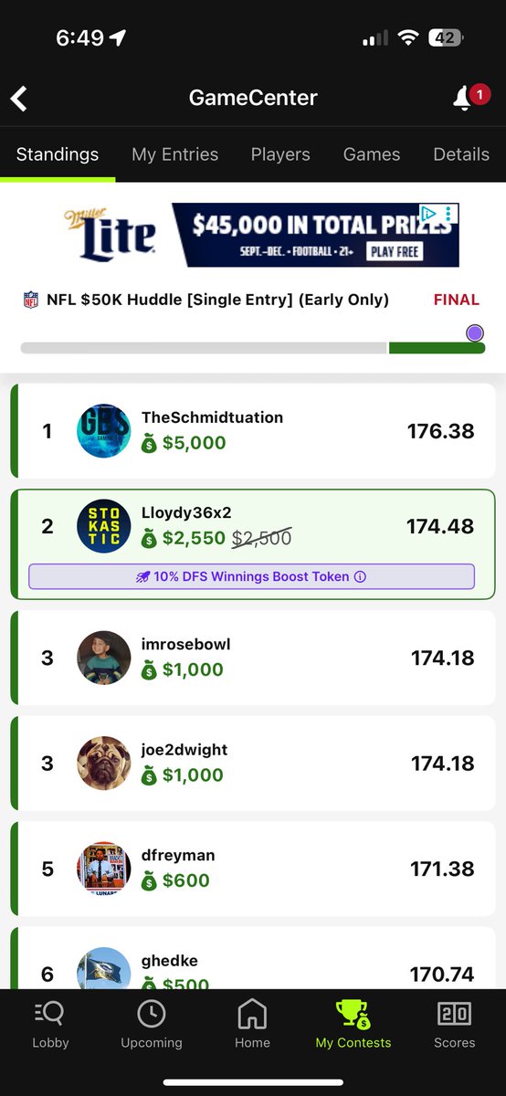 LloydRandyll's tweet photo. Unbelievable!!! Signed up for a promo to get the @Stokastic Sims Core Package for the month for free. Tried my hand at building a lineup by hand using the single lineup builder, 15 minutes before kickoff. Had an 88% ROI and let it ride. The biggest hit of my life!!! Thank you!!! https://t.co/ouuTehfFlQ