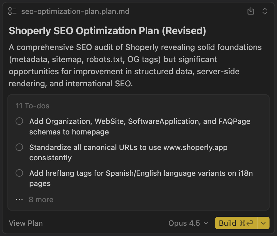 Opus 4.5 is an SEO expert.

Probably the best credits I’ve spent in my entire AI coding journey.

Ask Opus 4.5 to analyze your app and generate a full SEO plan.
Even better if you pair it with Cursor Plan mode and feed it your keywords and target audience.

My Ahrefs health score