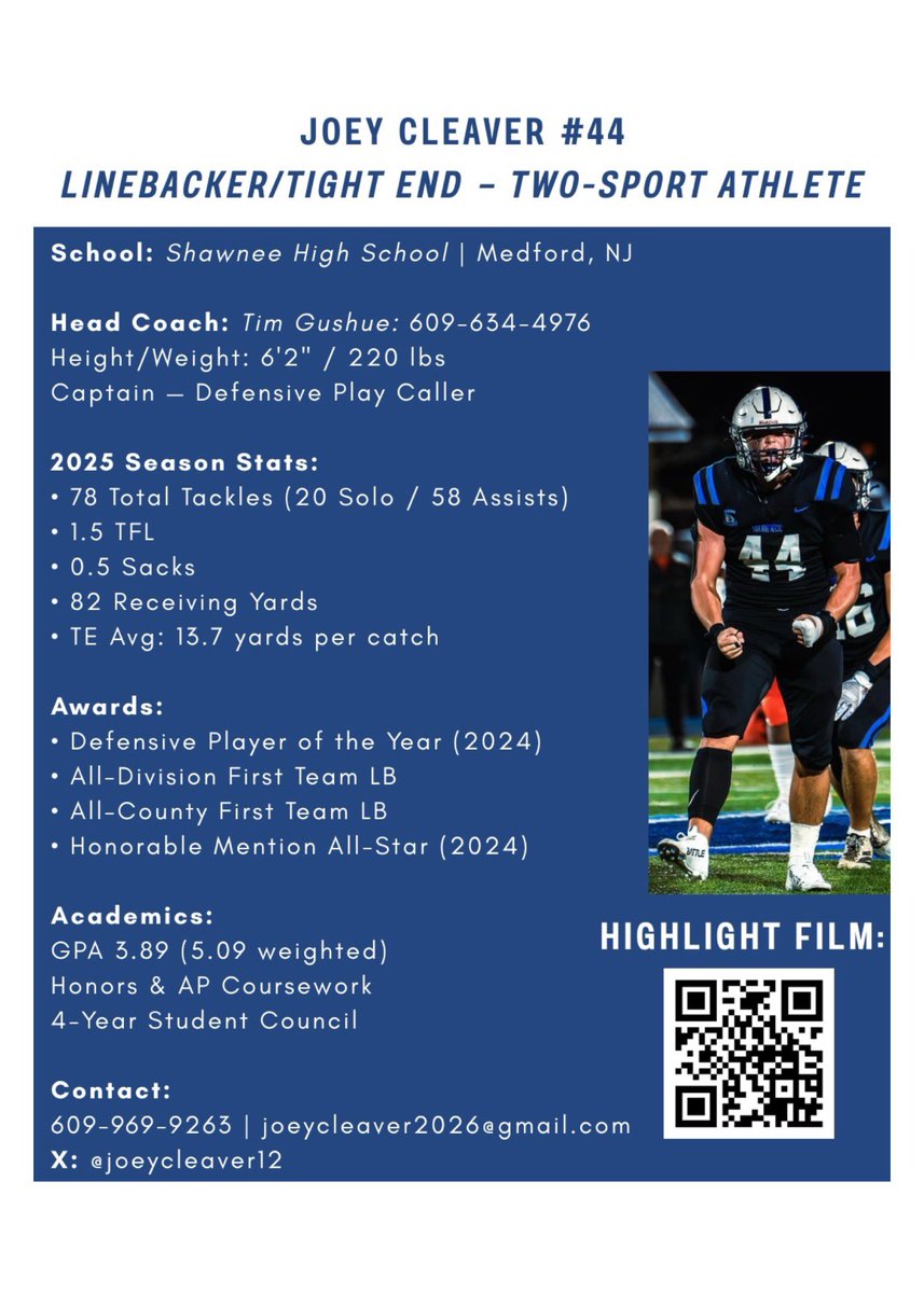 Joey_cleaver12's tweet image. Uncommitted 2026 LB/TE on the search for my home.
Proud of my senior year — 76 tackles, leadership at MLB/SAM, defensive play-caller, and physical TE.
6’1 220 | 3.89 GPA | Team Captain (#44 at Shawnee).
Ready to compete, contribute, and earn my spot.
Open to all opportunities —…