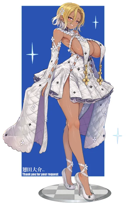 skebでリクエスト頂きました。感謝。 リクエストは ご自身のオリジナルキャラを。 フィギュア制作をされてるとの事でしたのでフィギュア風味で。 ドレスデザインは褐色の肌に映える&可愛い&セクシーをテーマに描いてみました。
