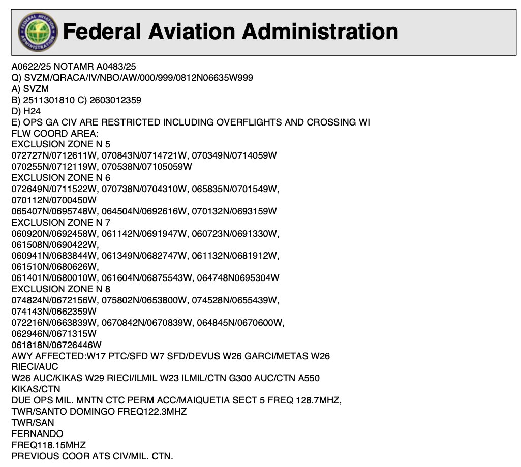 Faku8a's tweet photo. Todos son expertos. 
No saben leer un Notam.

Esto lo emite Venezuela. NO USA.  Llega a la oficina de la FAA. Y está, lo república. Cómo es su obligación, para interés de todos los aviadores.  Pero NO es de parte de Estados Unidos. https://t.co/tt7CSIwe3t