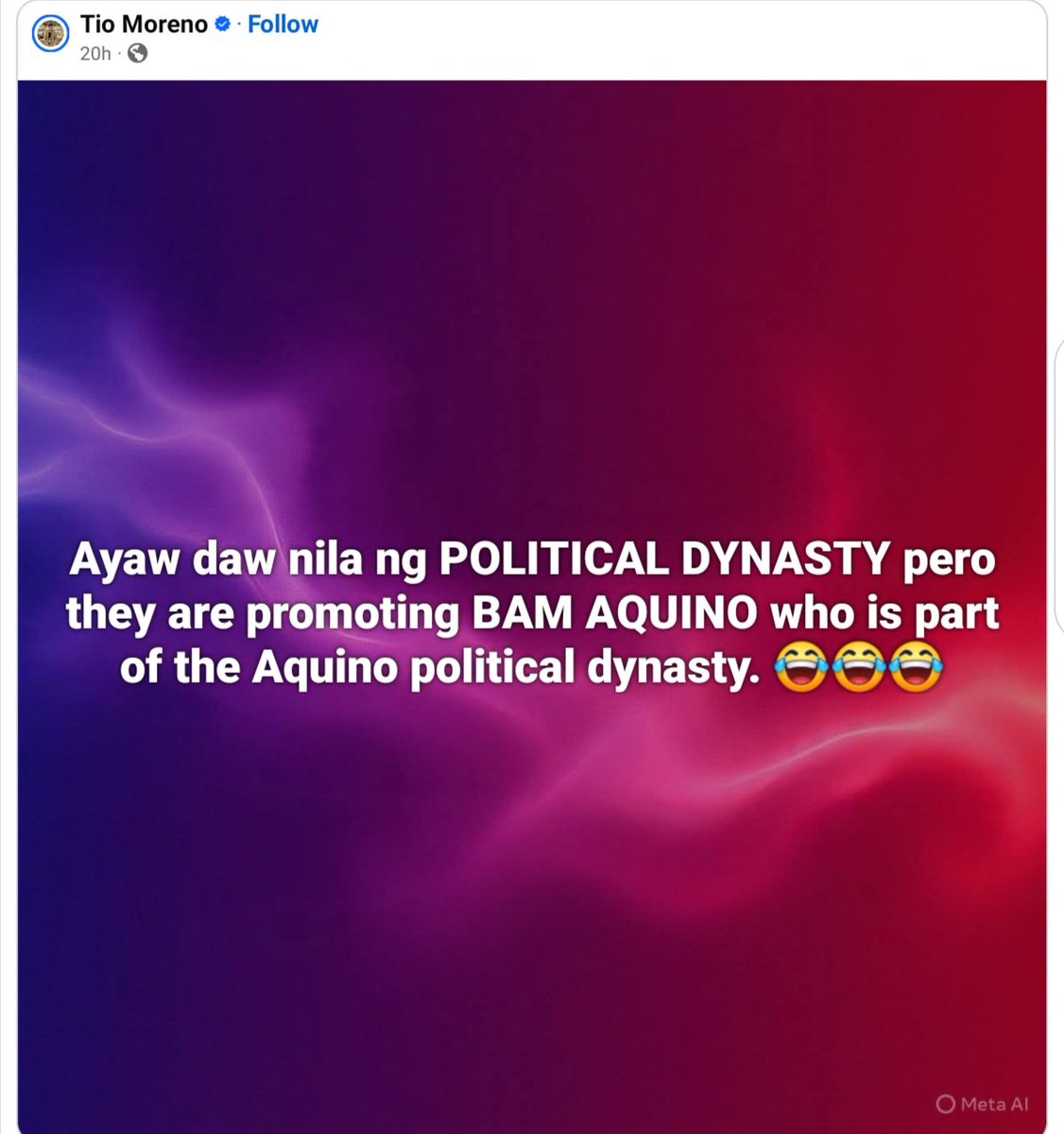 Shunga! Si Bam lang ang may position sa mga Aquino! Ang political dynasty, yun sabay-sabay ang mga magkakamaganak na my position, e.g. yun presidente, anak, kapatid, pamangkin, pinsan, pati asawa ng pinsan.