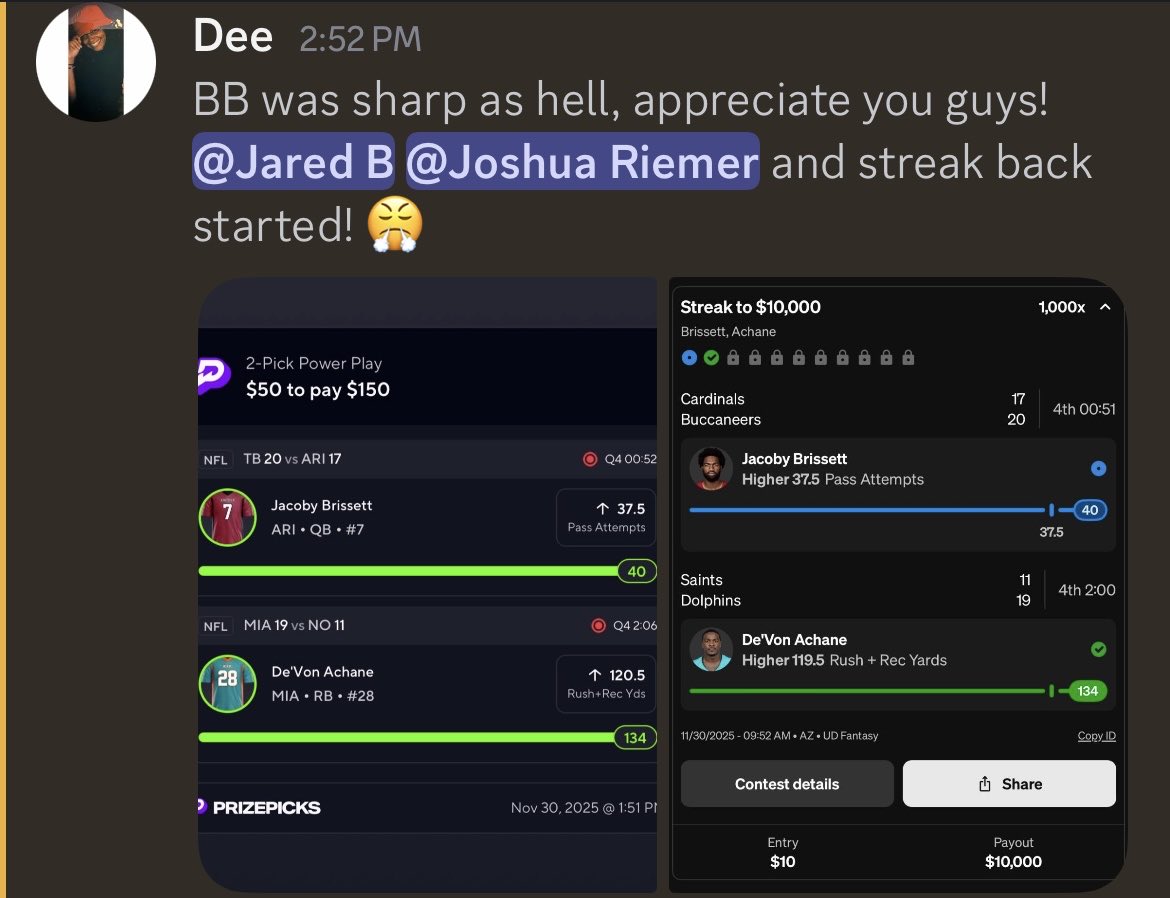 jaredrblock's tweet image. On top of anytime scorers…

💰  Garrett o3.5 Tckl/Ast (top play) 
💰  Brissett o36.5 Att (top play)
✅  JT o16.5 Rec Yds
✅  Achane R+R Yds 
✅  Allen fantasy
✅  Collins Rec Yds

🙄  Etienne / JSN / Shakir Yds