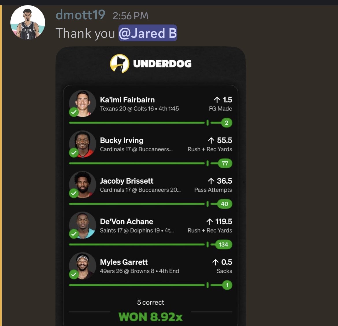 jaredrblock's tweet image. On top of anytime scorers…

💰  Garrett o3.5 Tckl/Ast (top play) 
💰  Brissett o36.5 Att (top play)
✅  JT o16.5 Rec Yds
✅  Achane R+R Yds 
✅  Allen fantasy
✅  Collins Rec Yds

🙄  Etienne / JSN / Shakir Yds