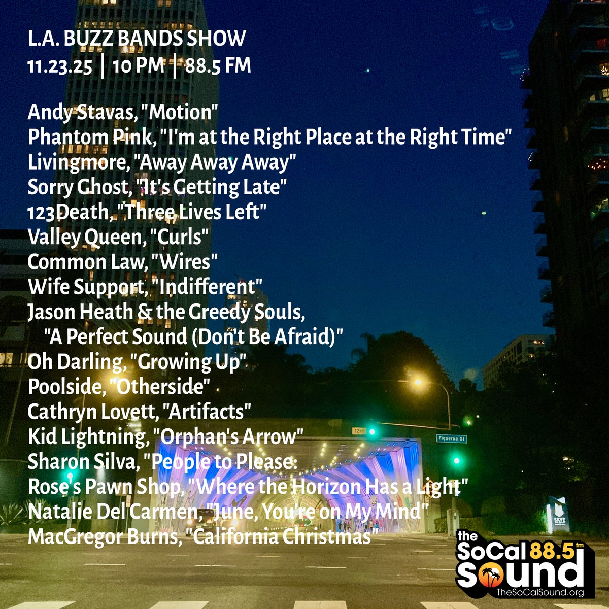 buzzbandsla's tweet image. Coming at 10PM: @buzzbandsla Show on 88.5 FM @TheSoCalSound, ft. Andy Stavas, Wife Support, Livingmore, Valley Queen, Jason Heath, Sharon Silva, Common Law, Poolside, Kid Lightning, 123Death, Rose’s Pawn Shop, Natalie Del Carmen and more ... Tune in!   bit.ly/3MejIc4