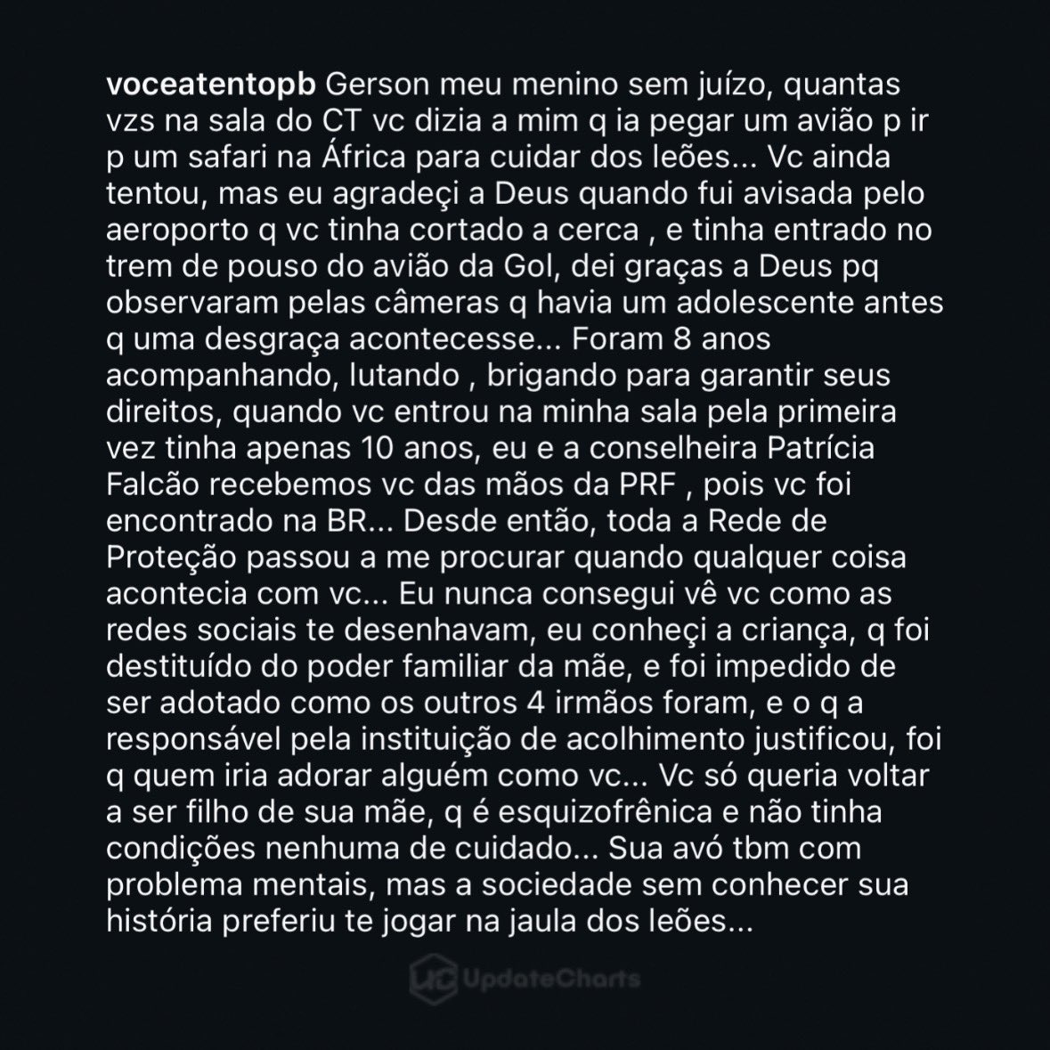 updatecharts's tweet image. A conselheira tutelar que acompanhava Gerson, o jovem que morreu após entrar no recinto de uma leoa em João Pessoa, fez um relato marcante sobre ele:

“Eu nunca consegui ver você como as redes sociais te desenhavam, eu conheci a criança, que foi destituída do poder familiar da…