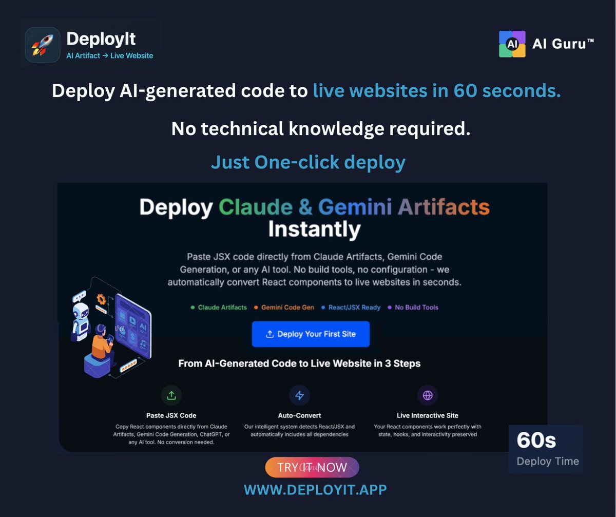aiguruin's tweet image. 🚀 Turn AI-generated JSX into live React apps in seconds — no build tools, no config.

Paste code ➝ Instant site.

💻 Try it: deployit.app

#DeployIt #AIToWeb #ReactJS #ClaudeAI #GeminiCodeGen #BuildWithAI #DevTools #RapidPrototyping