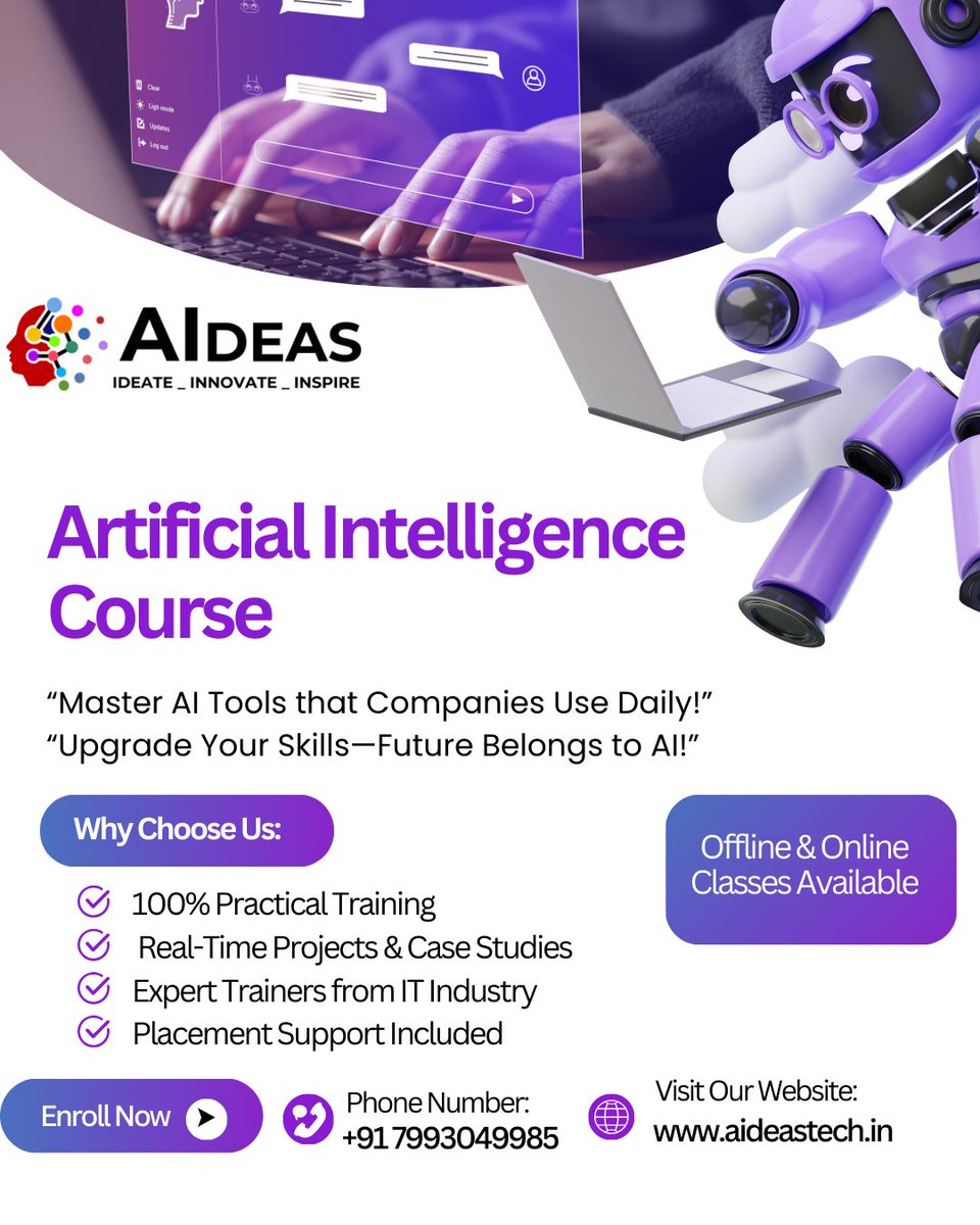 Aideasacademy's tweet image. Become a skilled AI professional with AIdeas Academy’s Artificial Intelligence Course and learn the tools that top tech companies are using today. 
📍 Hyderabad
📞 Contact: +91 7993049985 
#AItraining #PlacementSupport #RealTimeProjects #HyderabadTraining #AIdeasAcademy