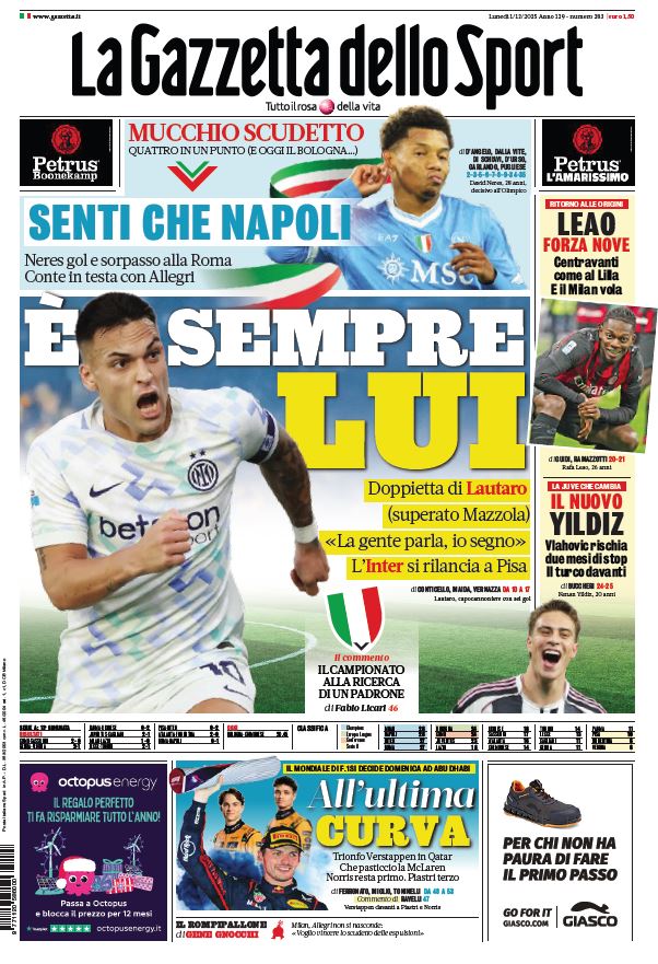 La prima pagina della Gazzetta di oggi:
📣E' SEMPRE LUI  
Le notizie 📷 trib.al/cGNgwIi